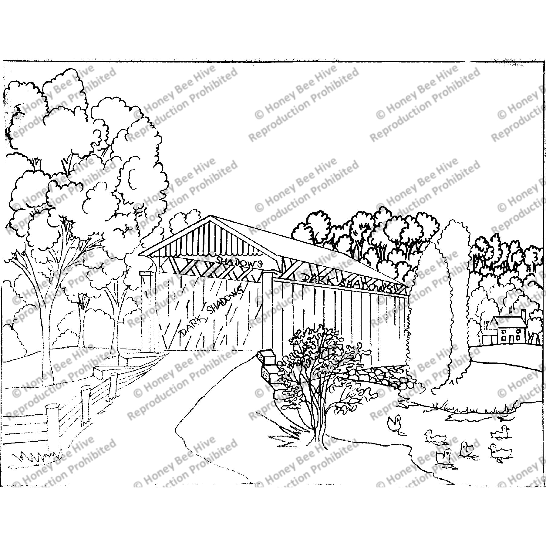 Cedar Lakes Covered Bridge, rug hooking pattern