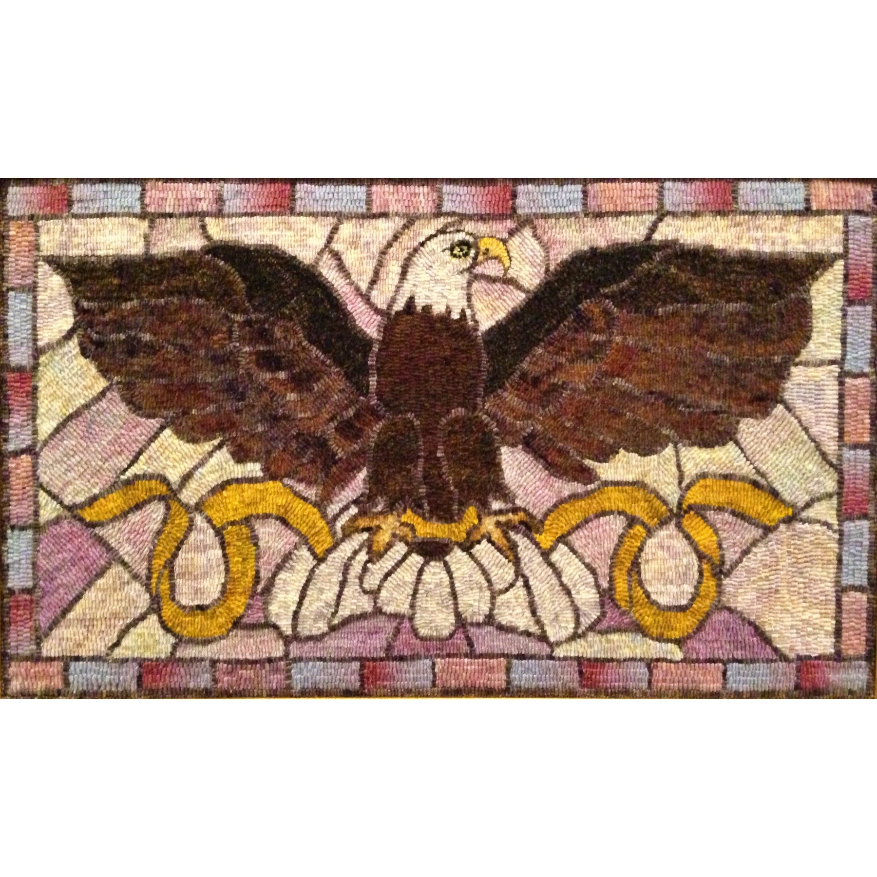 Stained Glass Eagle Bench, rug hooked by Diane DuBray