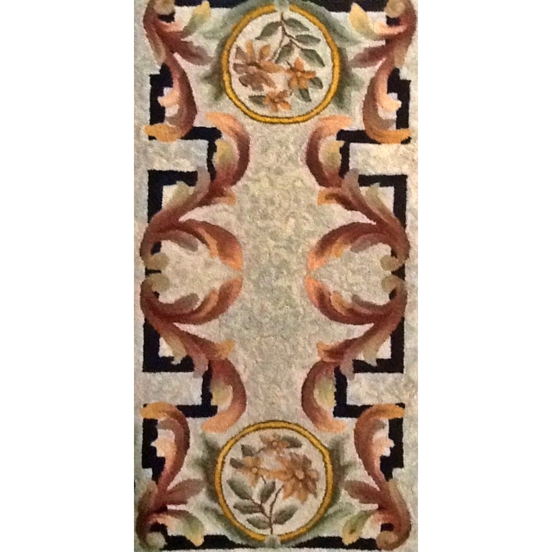 Aubusson Bench, rug hooked by Alma Coia