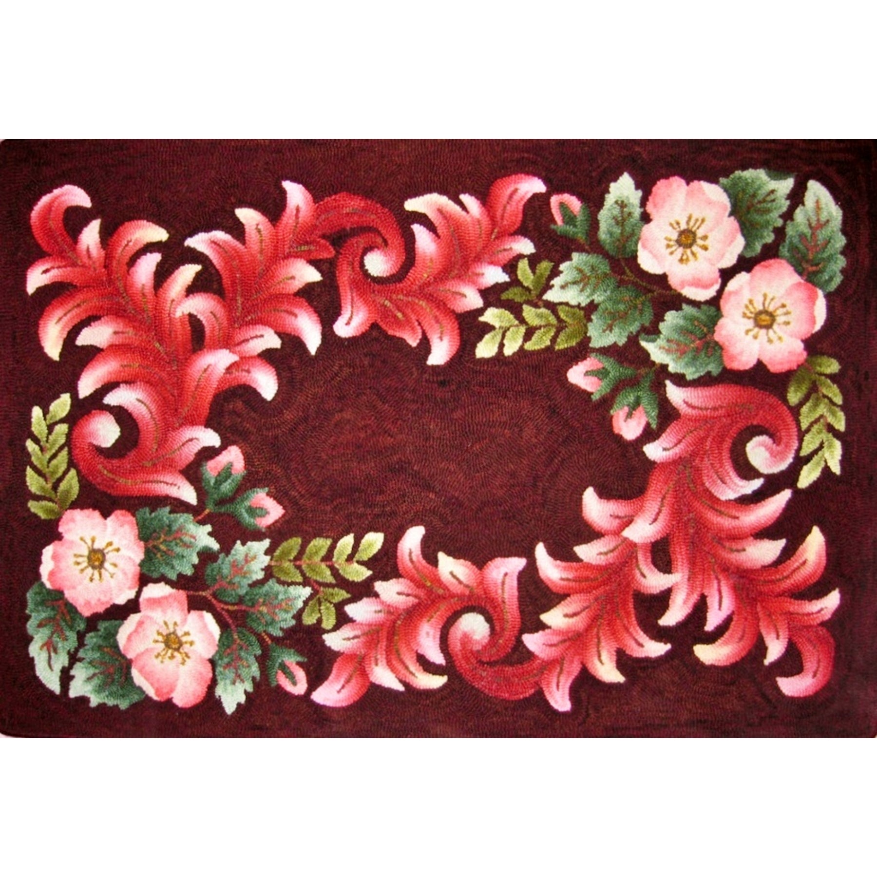 Wild Rose Scroll, rug hooked by Ingrid Hieronimus