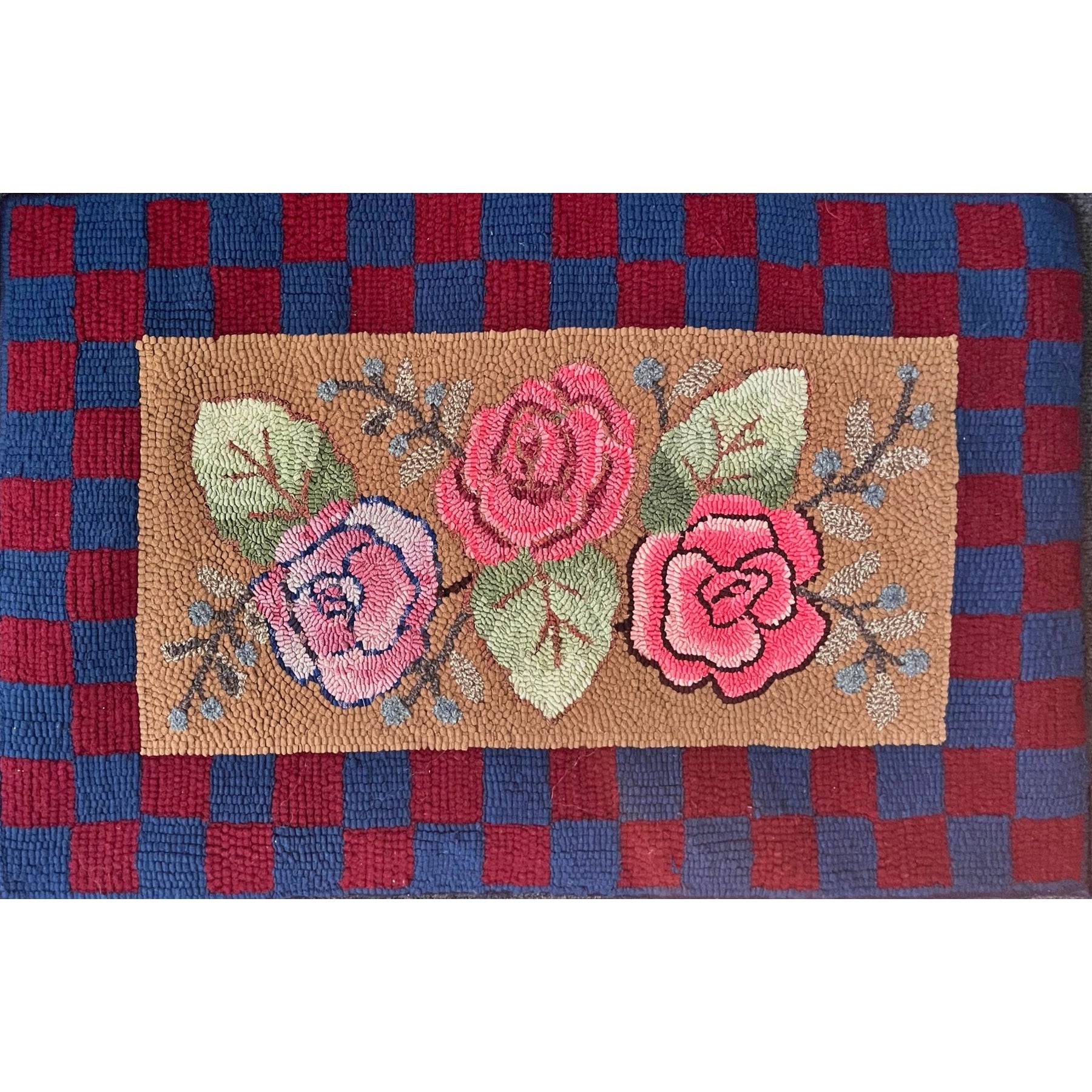 Three Rose Antique, rug hooked by Alma Coia