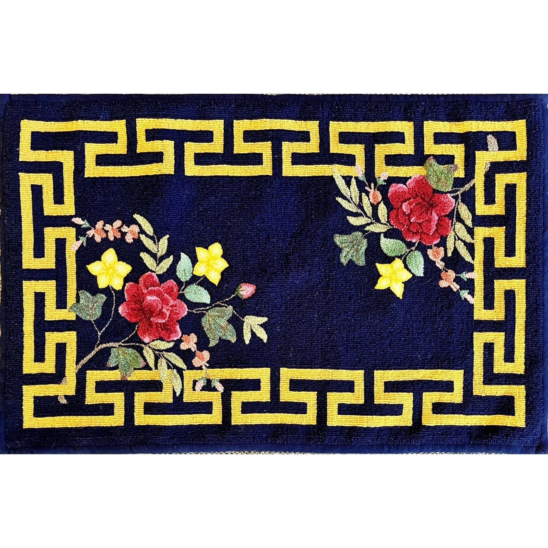 Mandarin Riches, rug hooked by Jude Vegso