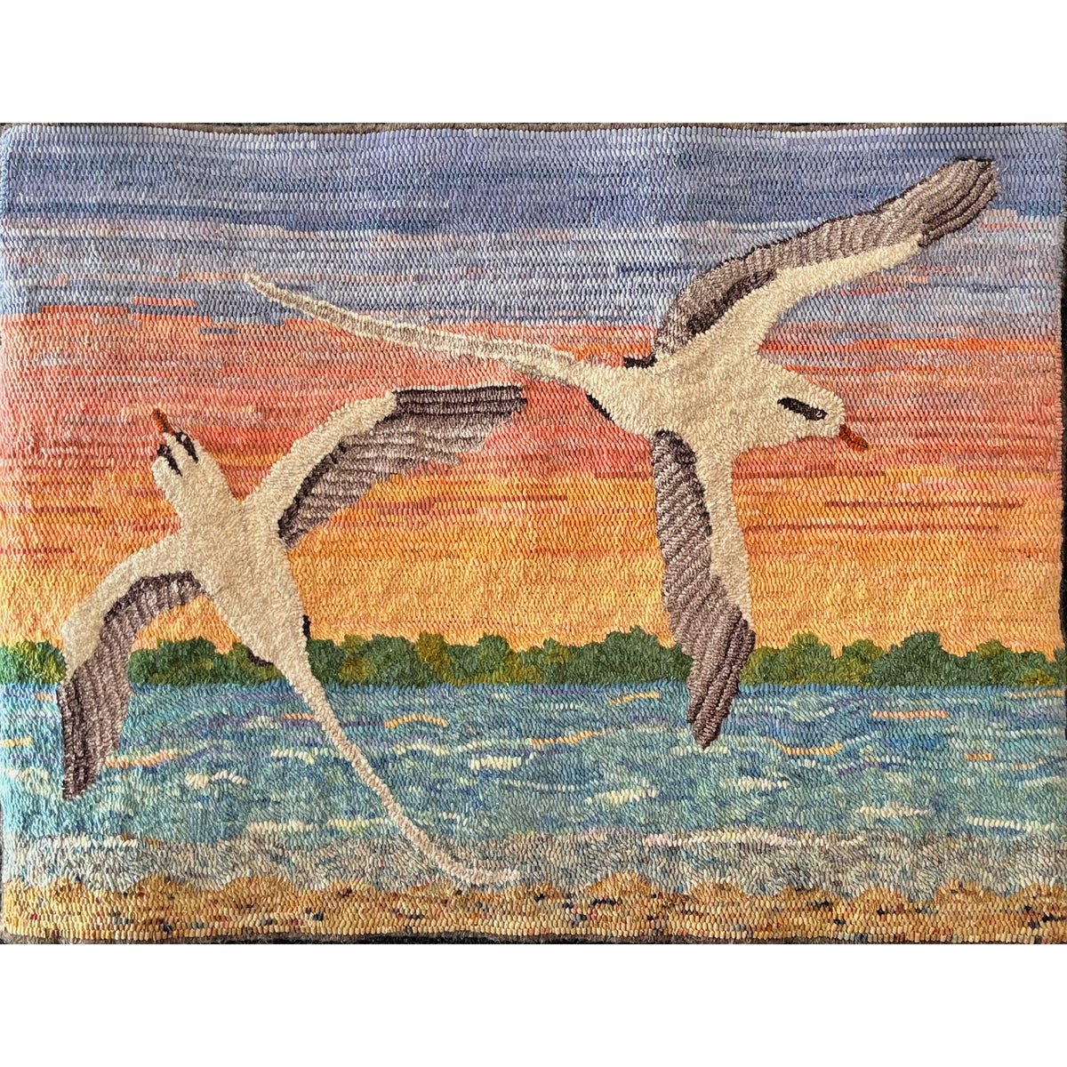 Soaring Longtails, rug hooked by Heather Parker
