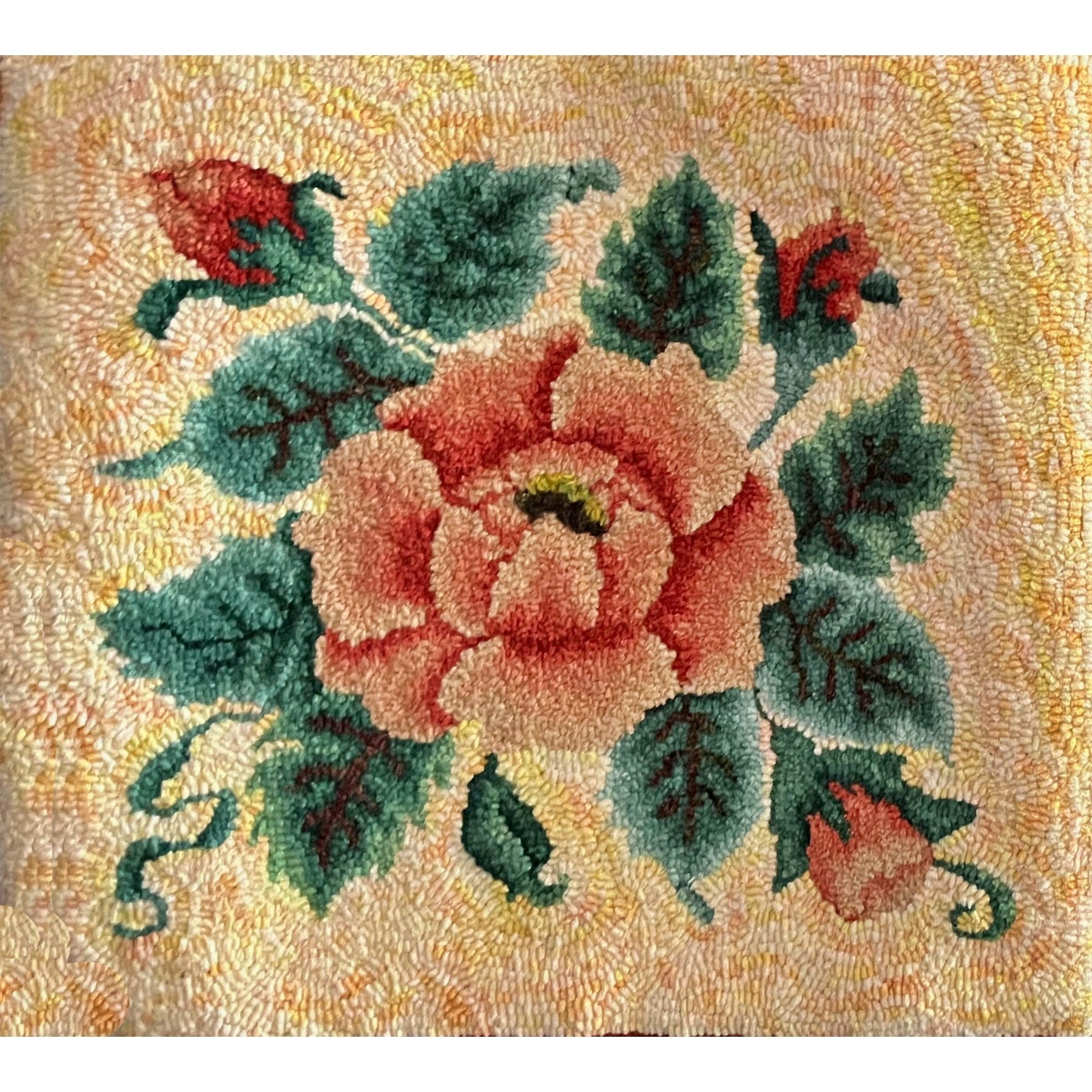 Rose, rug hooked by Benita Watford Raliegh