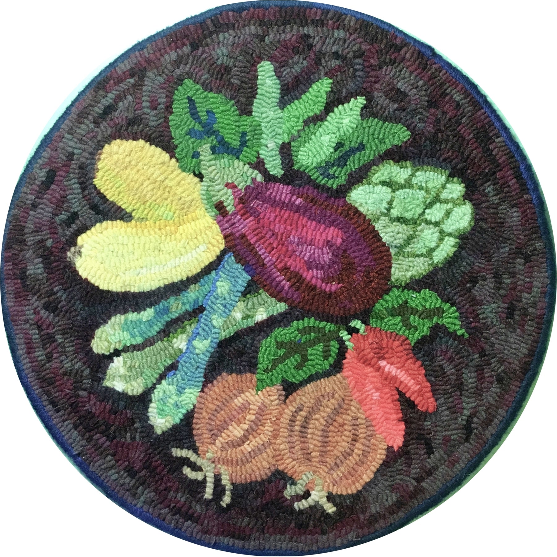 Vegetable-Eggplant, rug hooked by Suzan Farrens