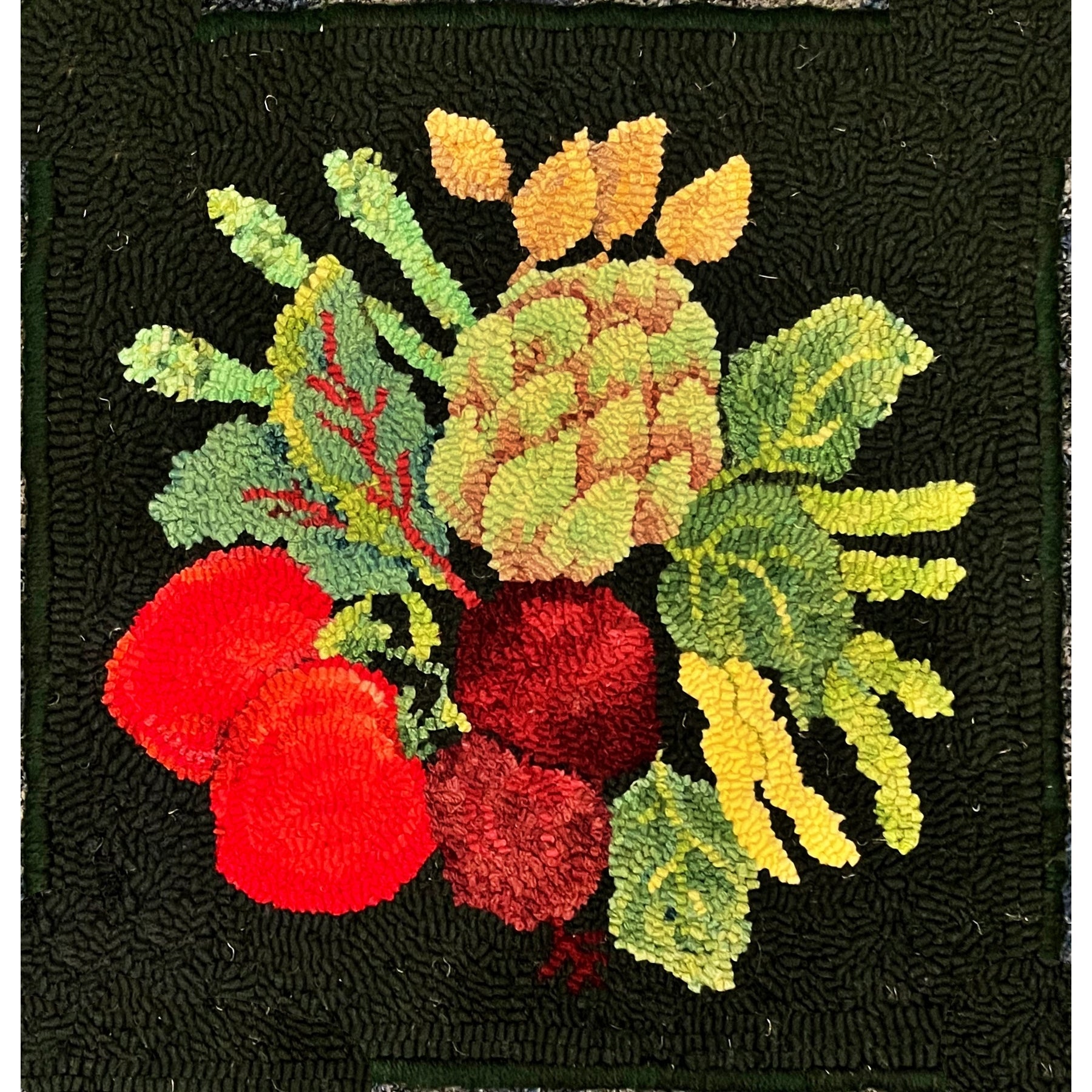 Vegetable-Artichoke, rug hooked by Connie Bradley