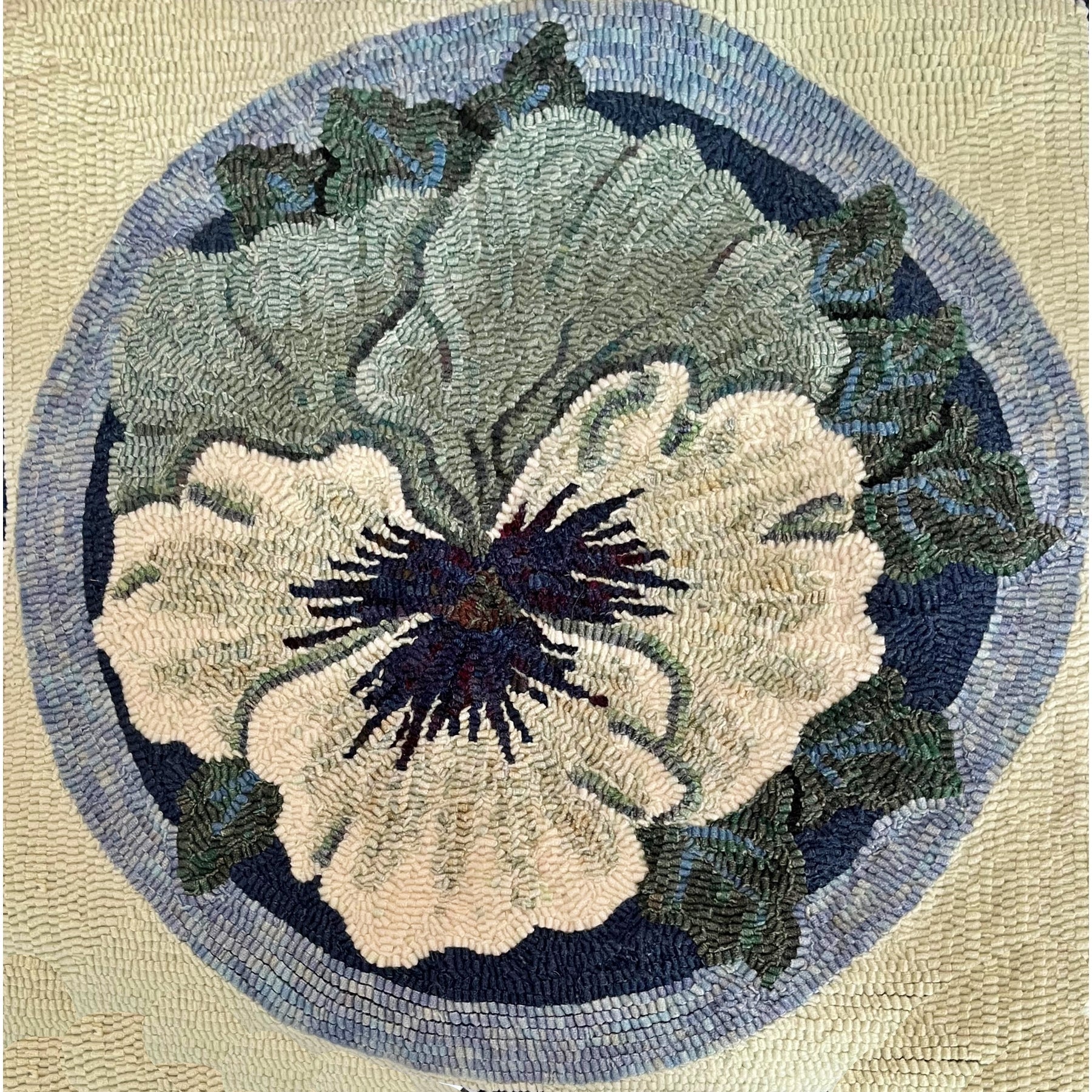 Large Pansy, rug hooked by Chizuko Haymai