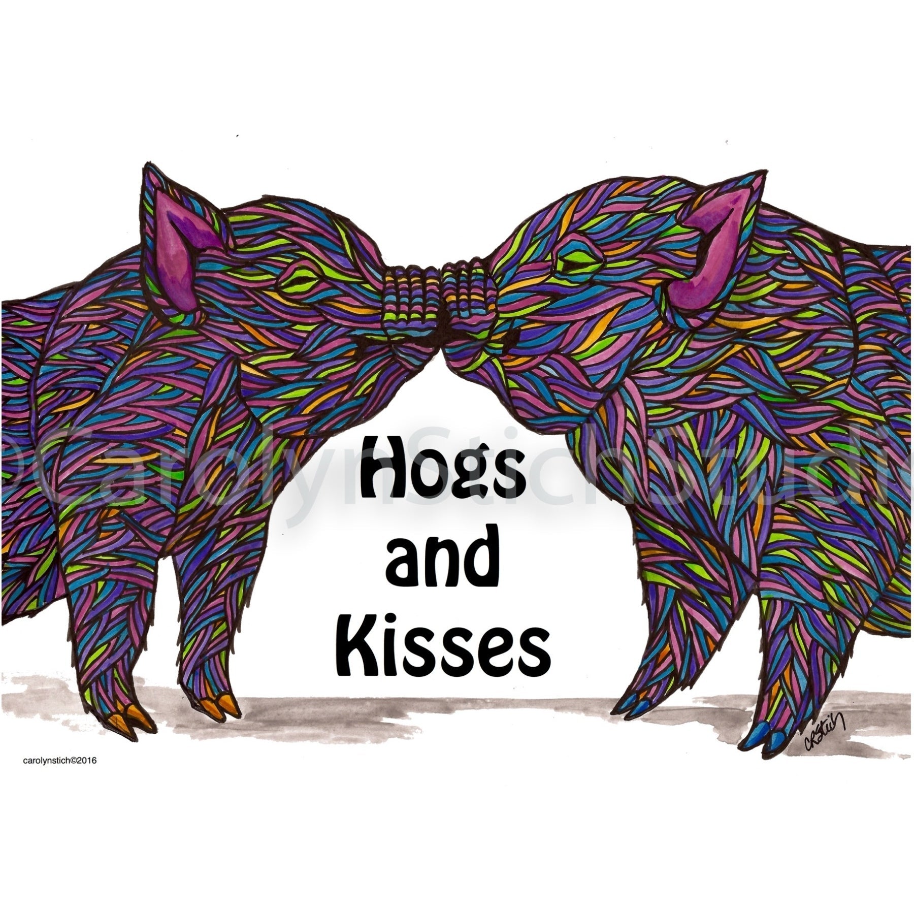 Hogs and Kisses, rug hooking pattern
