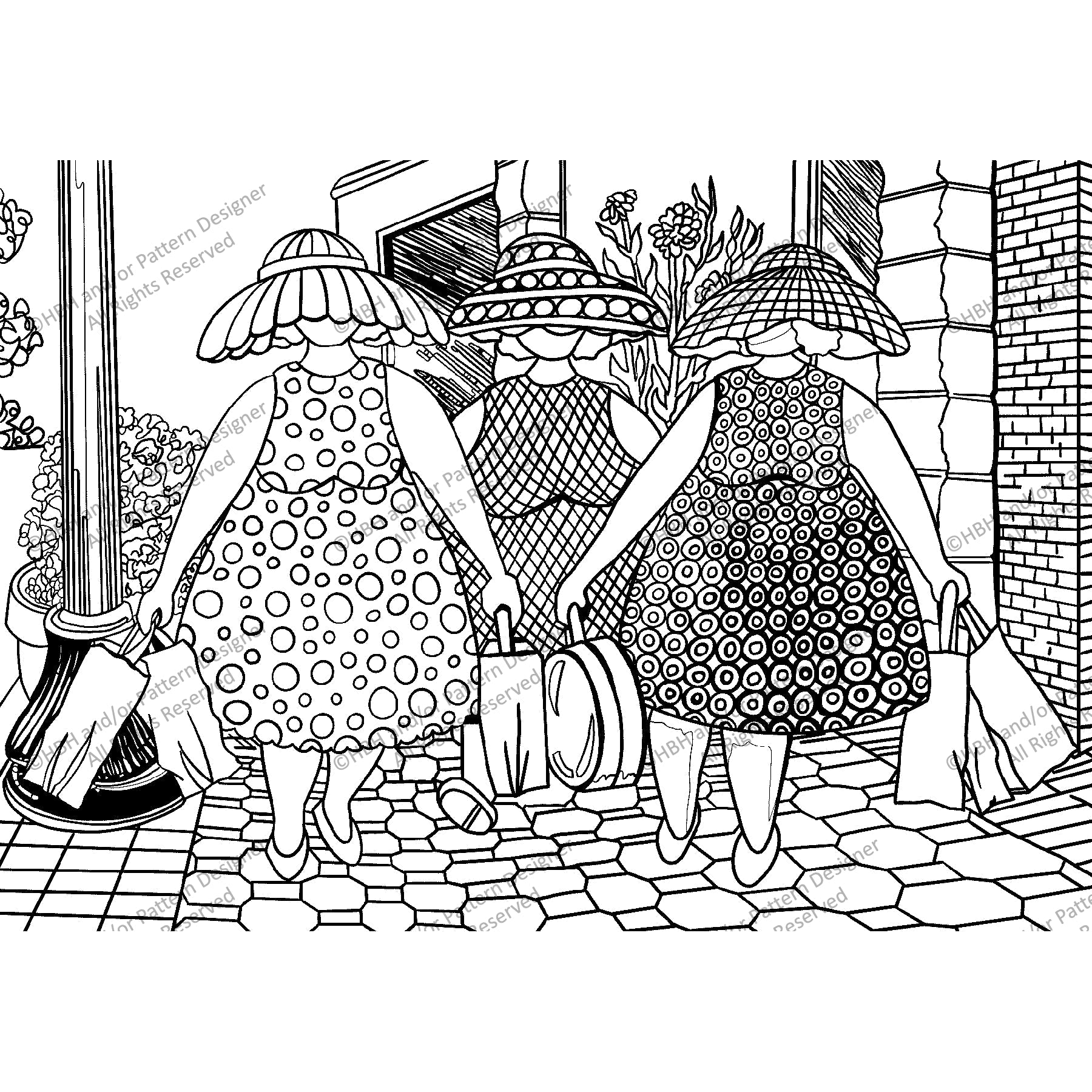 The Girls Going Shopping, rug hooking pattern