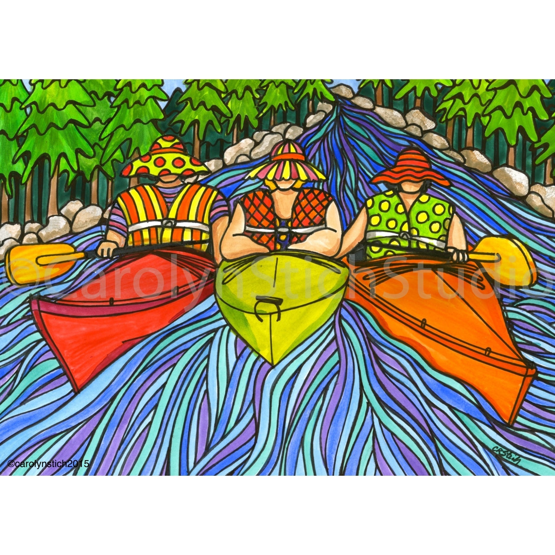 The Girls Kayaking the River, rug hooking pattern