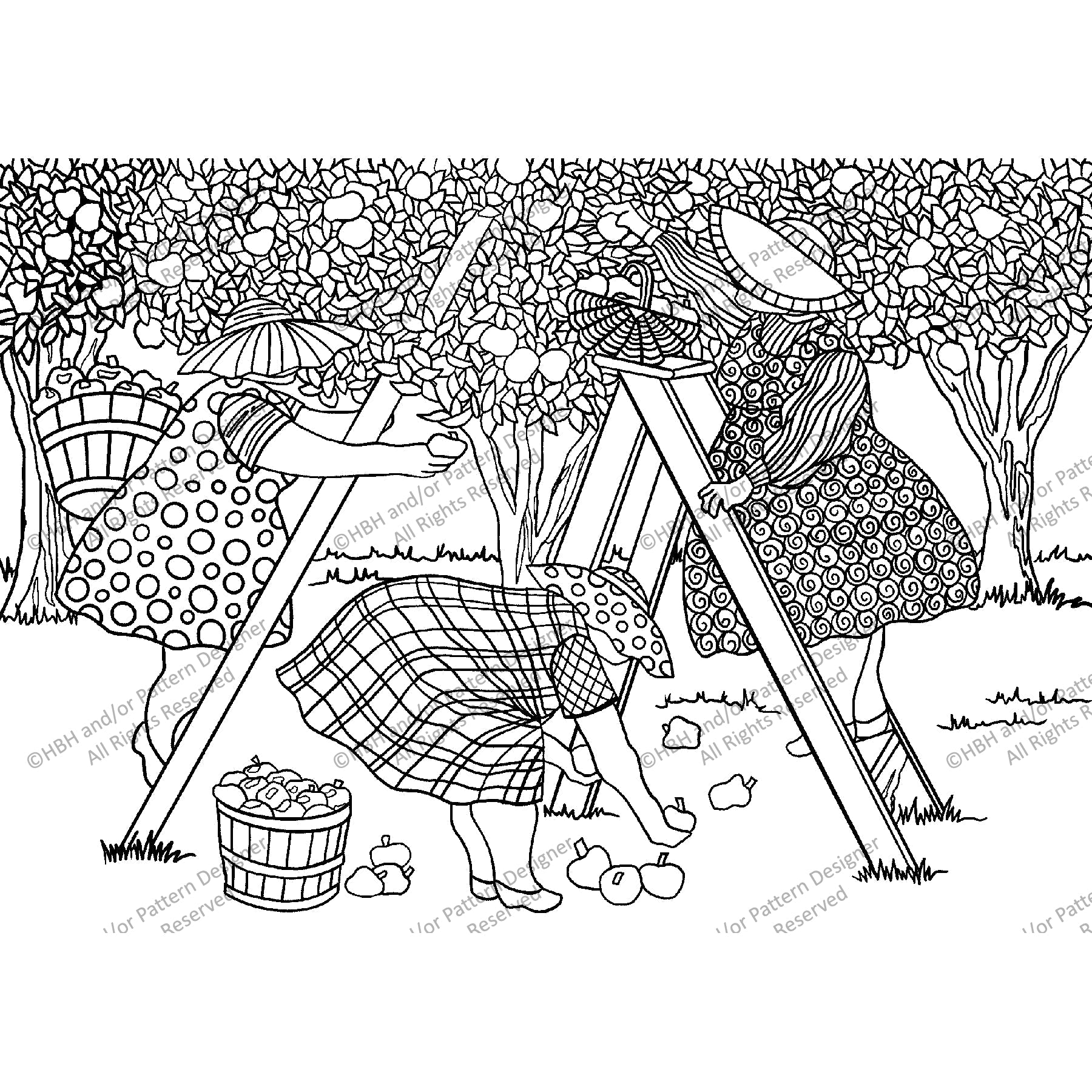 The Girls Pickin' Apples, rug hooking pattern