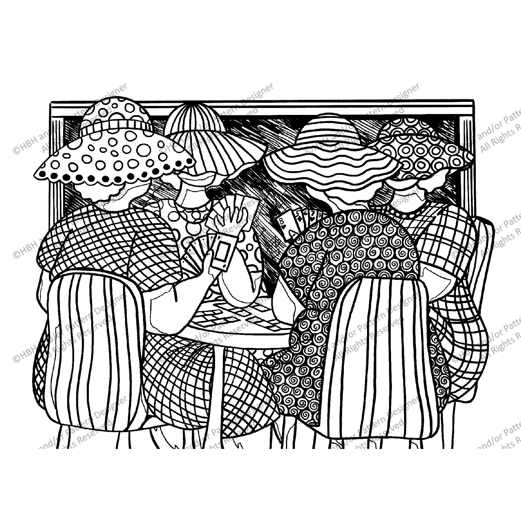The Girls Playing Cards with Friends, rug hooking pattern