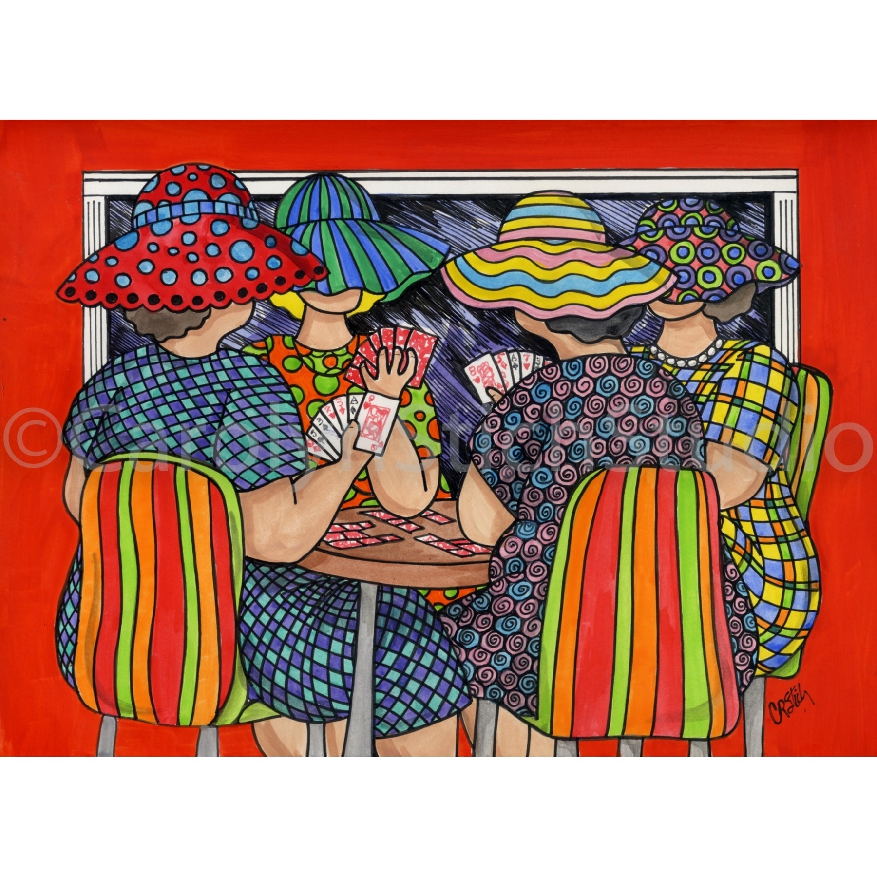 The Girls Playing Cards with Friends, rug hooking pattern