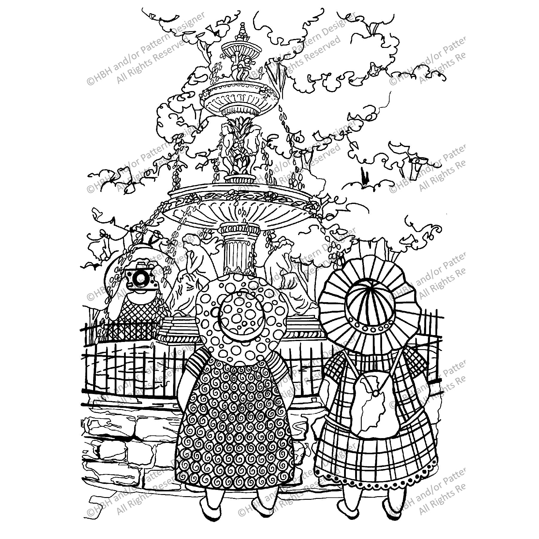 The Girls at St Joseph Fountain, rug hooking pattern