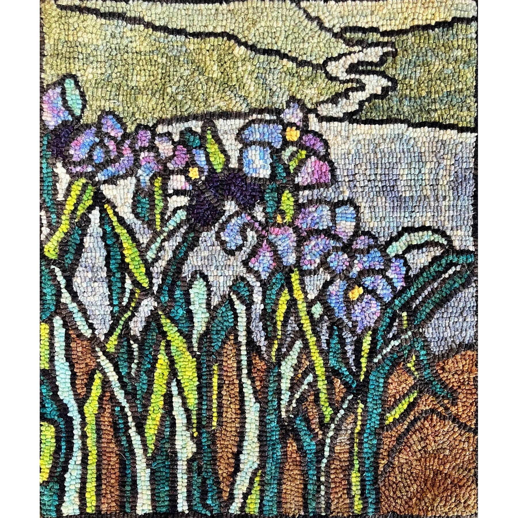 Tiffany-Iris, rug hooked by Sondra Kreiner