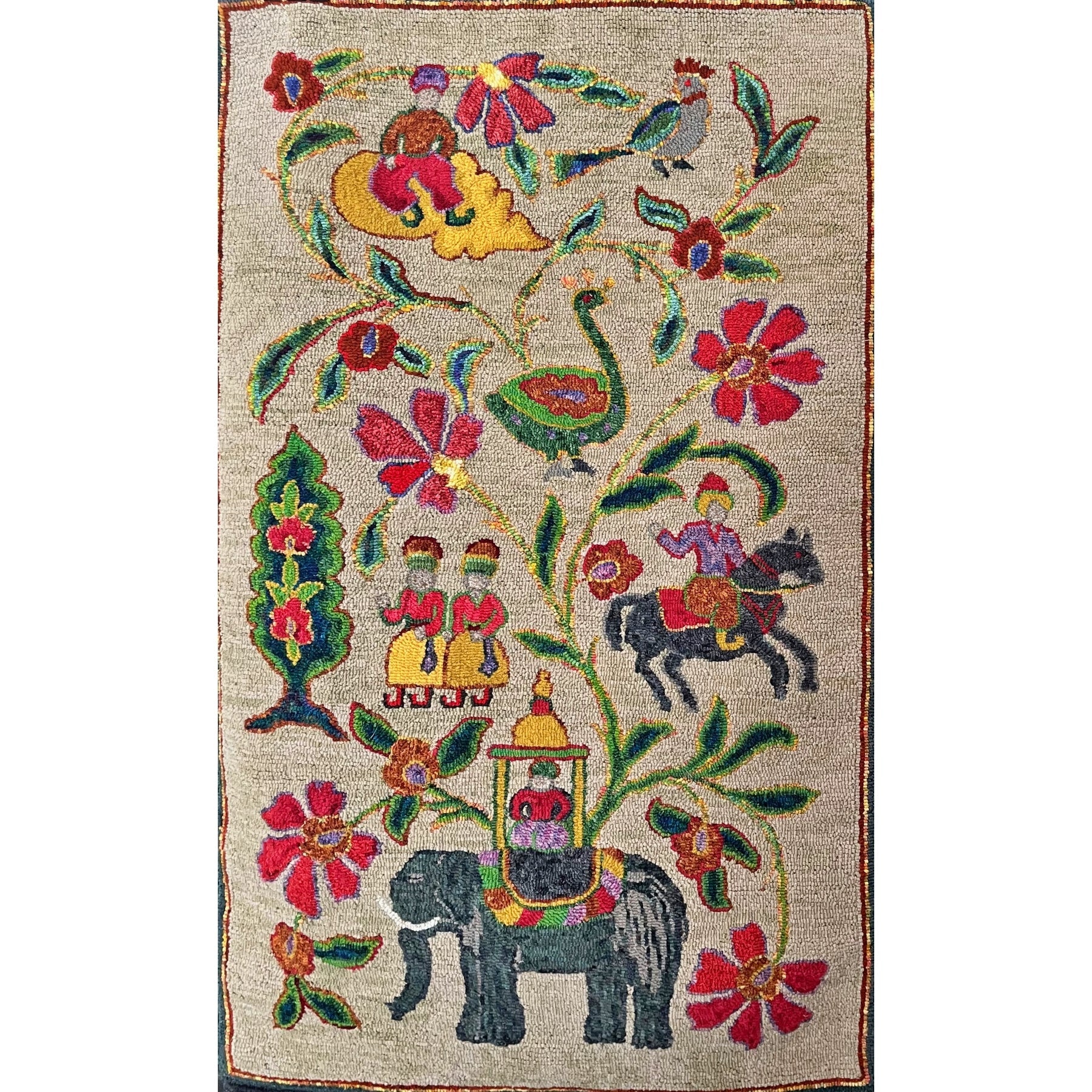 Kashani Hunt Panel, rug hooked by Jane McGown Flynn