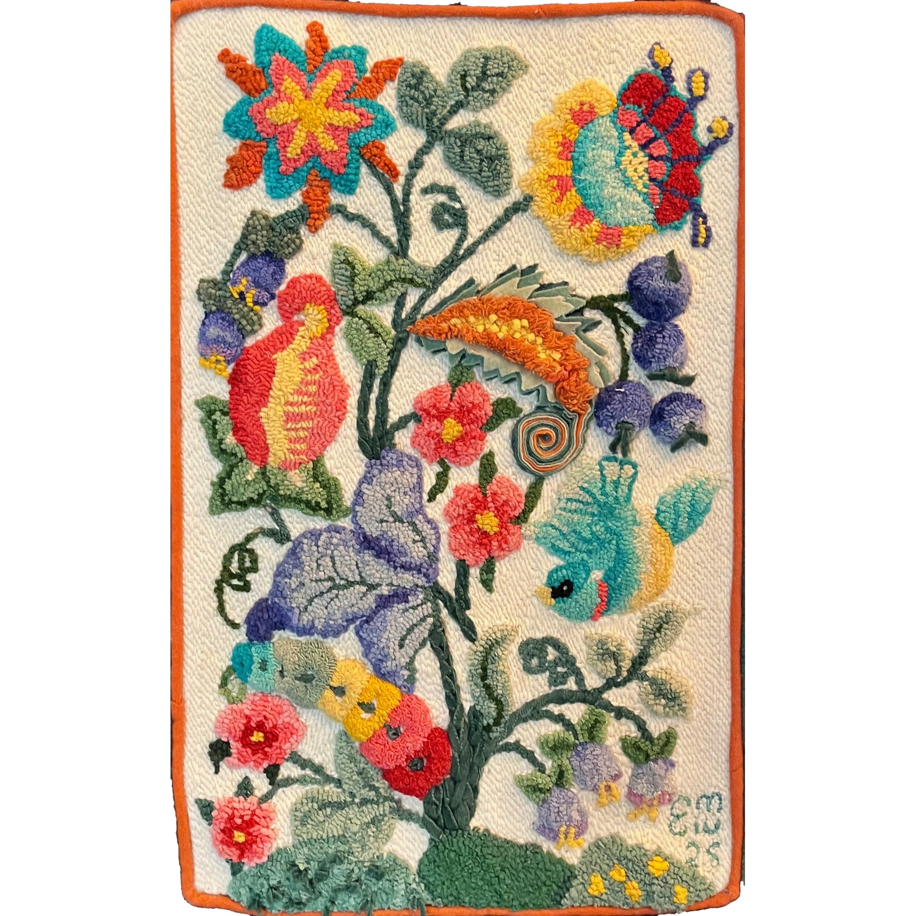 Jacobean Crewel, rug hooked by Elania West