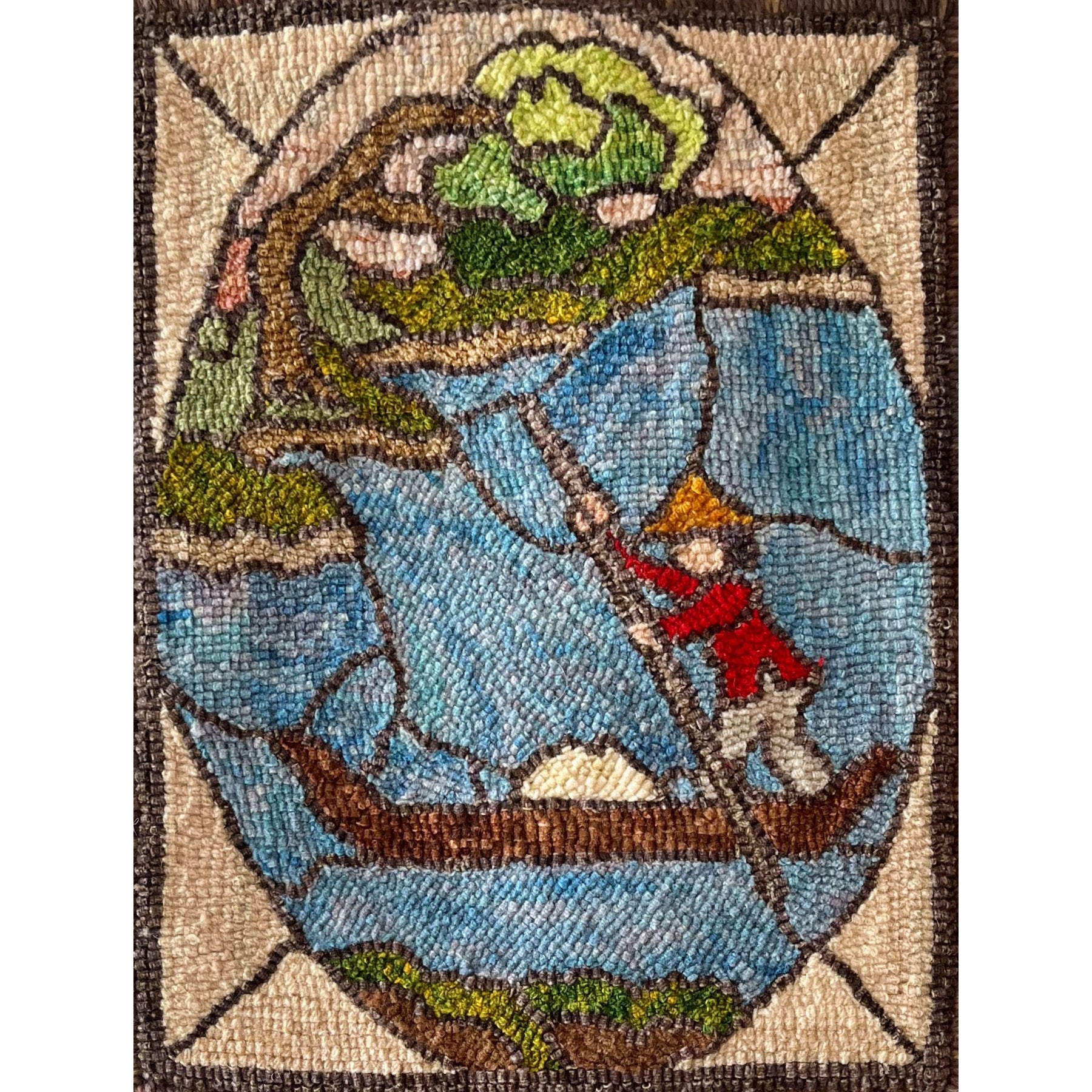 Stained Glass Boatman, rug hooked by Keiko Sano