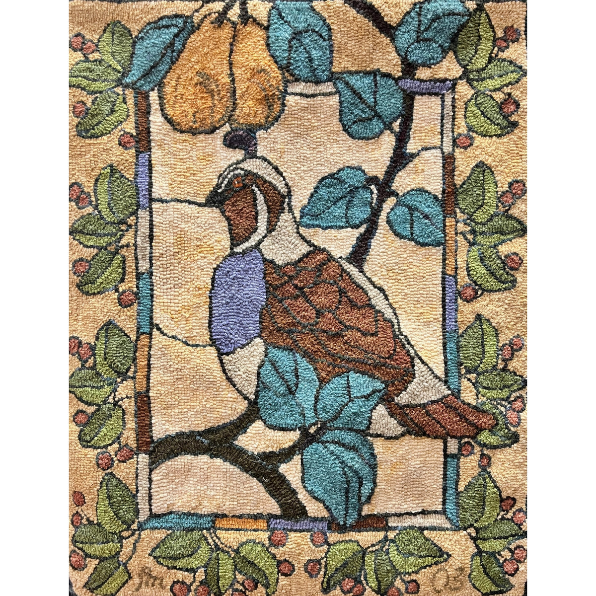 Stained Glass Partridge, rug hooked by Fritz Mitnick