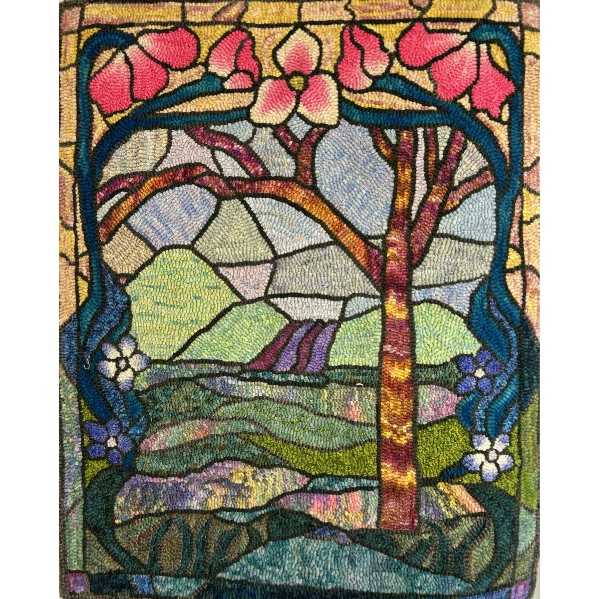 Stained Glass Landscape, rug hooked by Kori Brooks (adapted)
