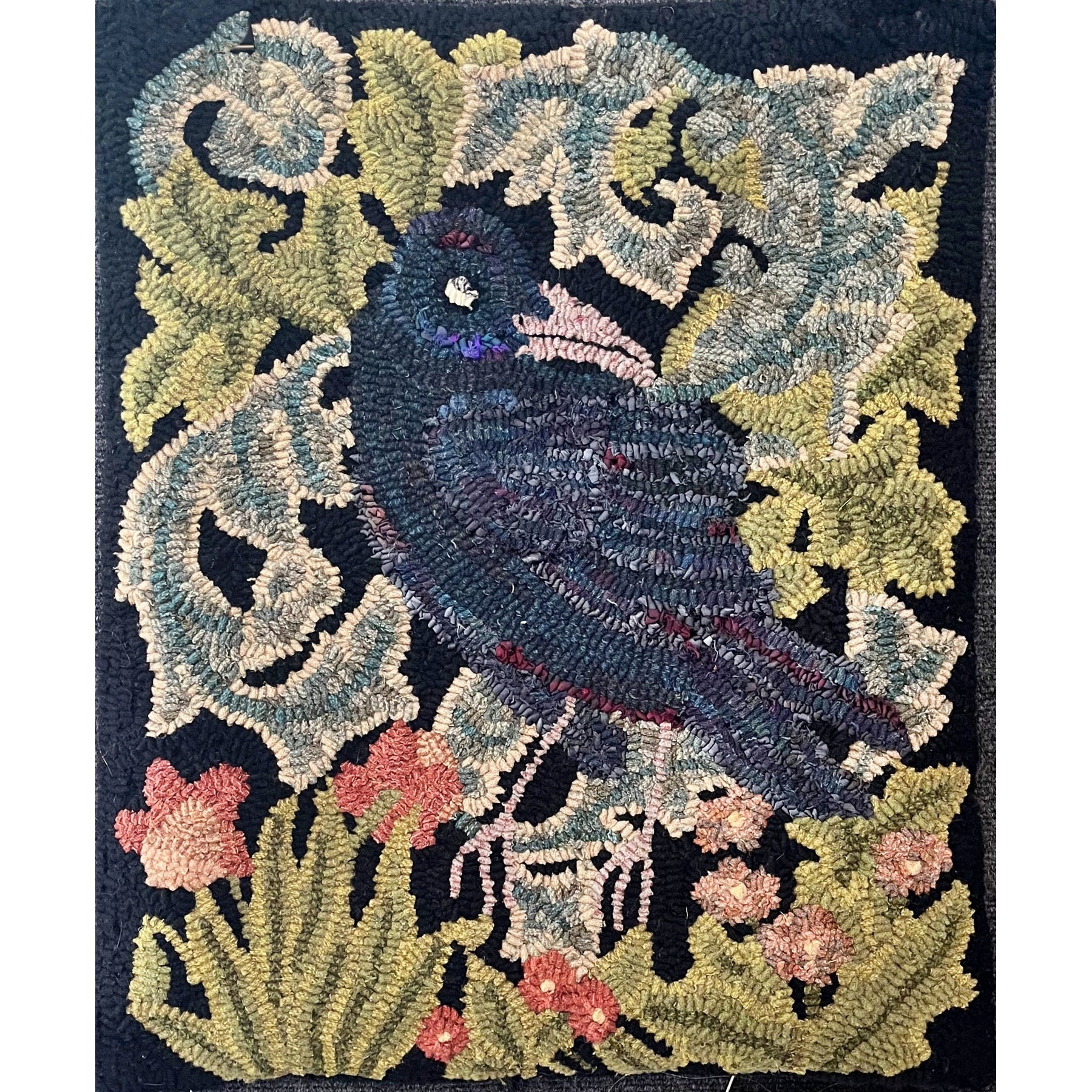 Forest Raven, rug hooked by Holly Goff