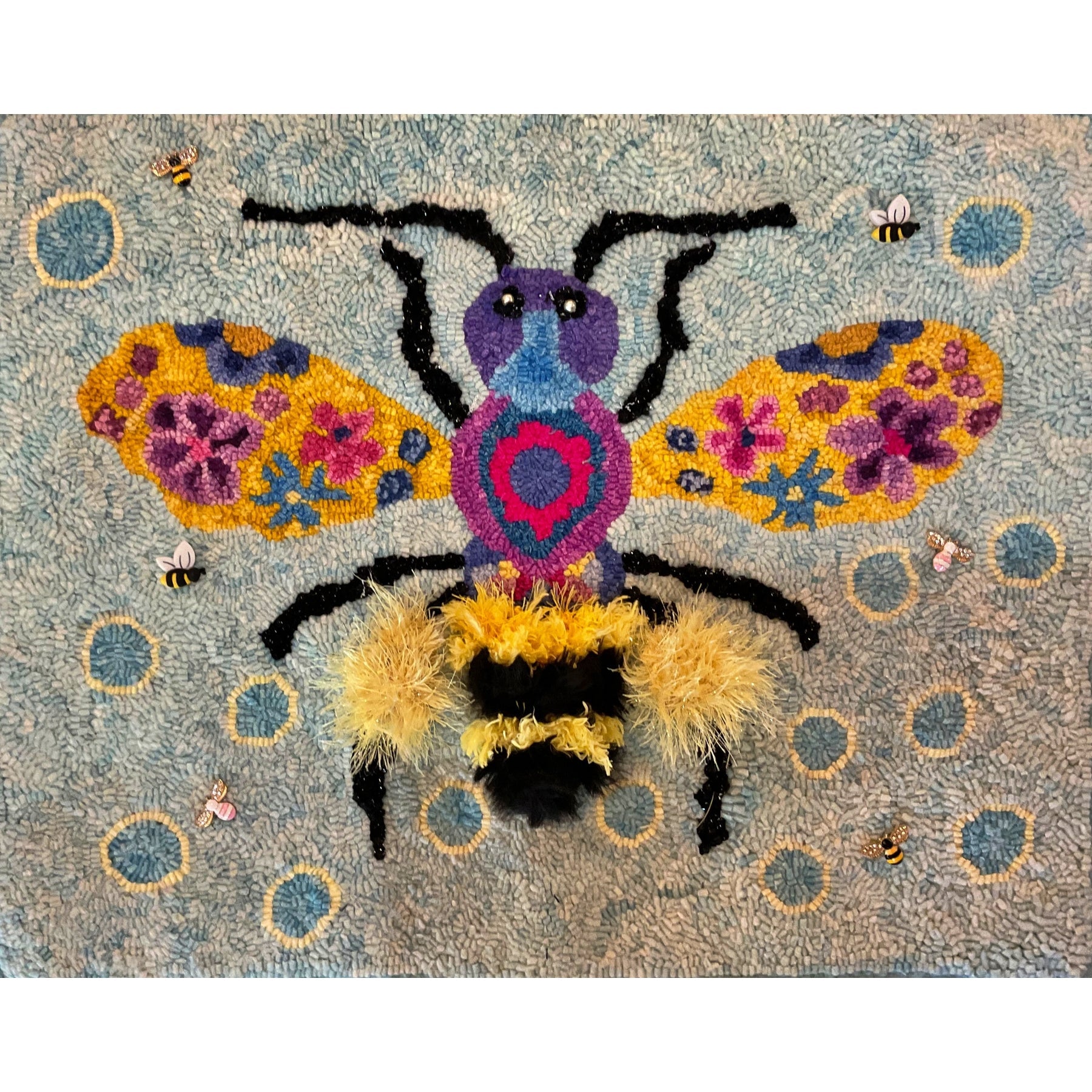Bee Fun, rug hooked by Judy Brown