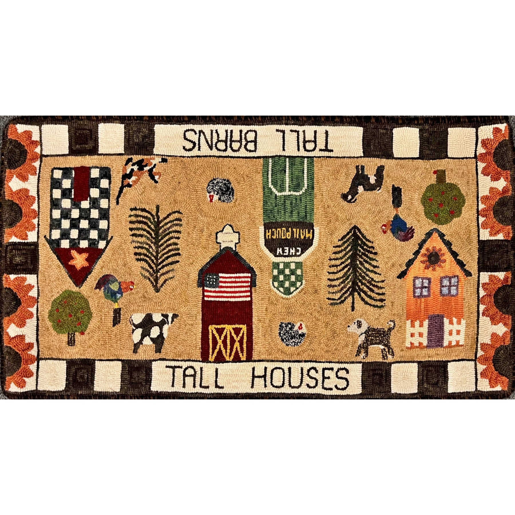 Tall Barns, Tall Houses, rug hooked by Linda Gillen