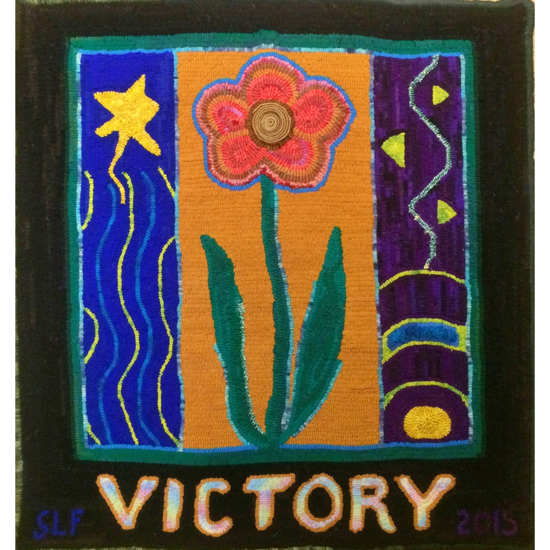 Victory Flowers, rug hooked by Suzan Farrens