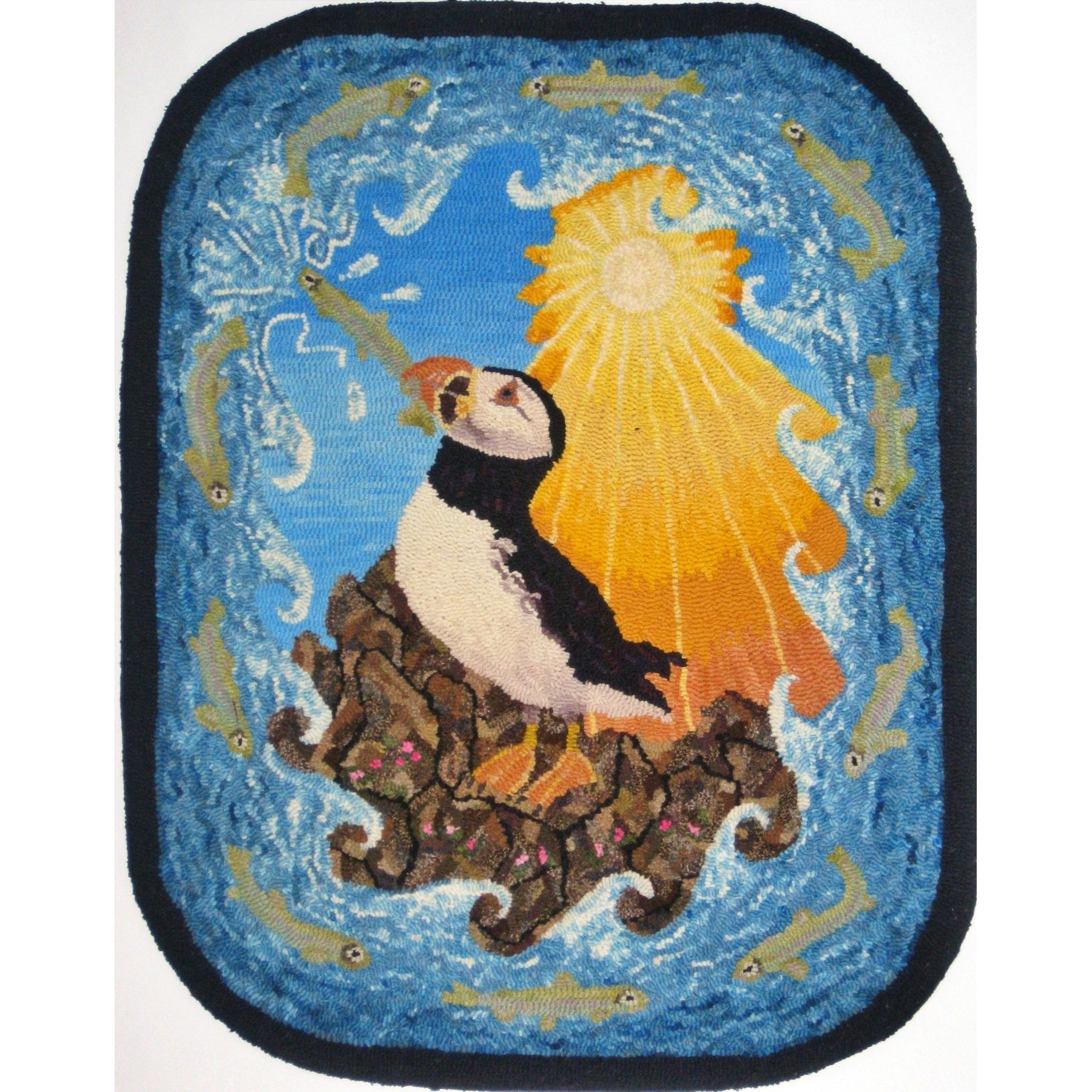 Puffin Fishing, rug hooked by John Leonard