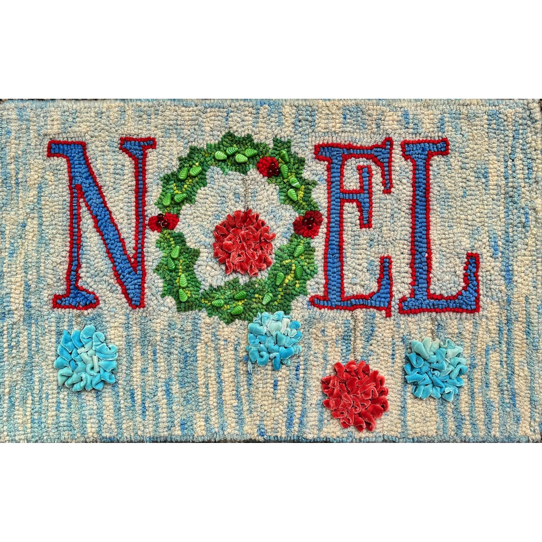 Five Snowmen Noel Pillow, rug hooked by Pat Sims