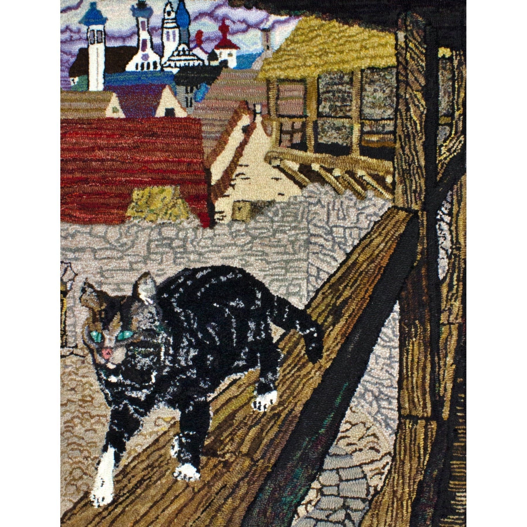 The Cat and the Mouse in Partnership, ill. Arthur Rackham, 1909, rug hooked by Nancy Zuese