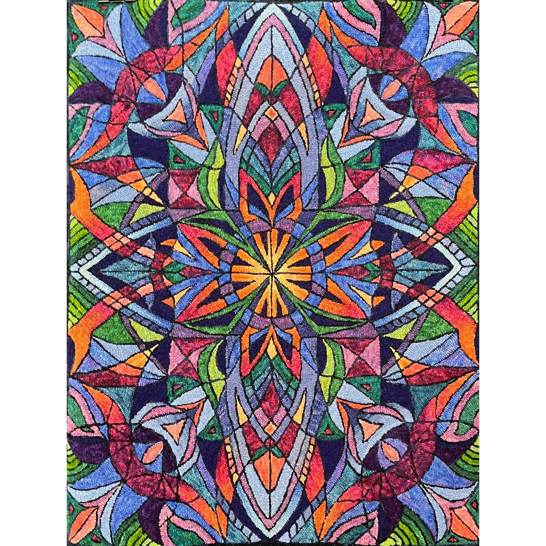 Batchelor Button, rug hooked by Cyndy Duade