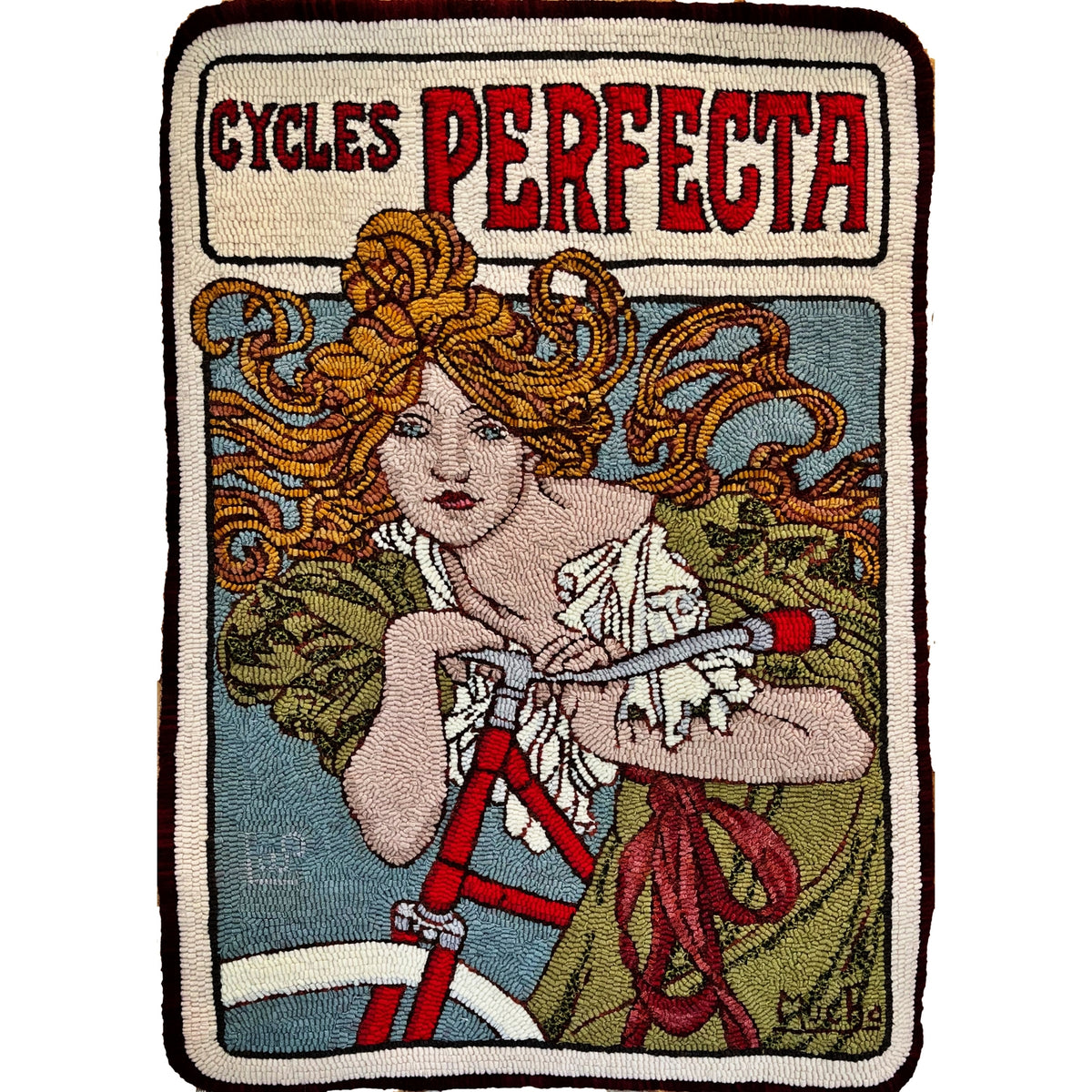 Perfecta Cycles Poster, rug hooked by Laura Pierce