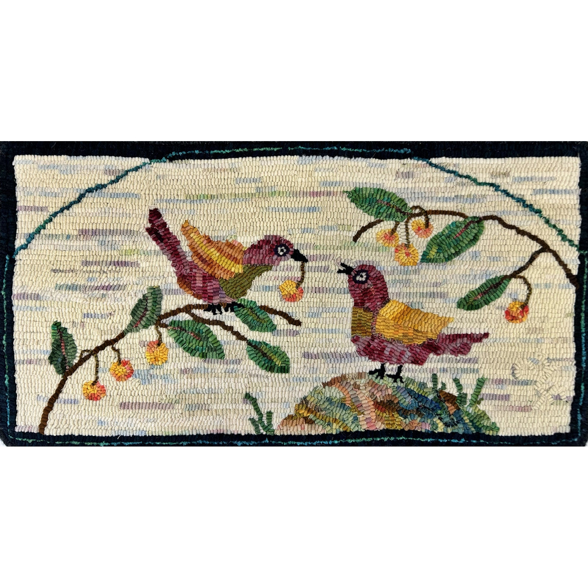 Robins and Cherries, rug hooked by Suzan Farrens