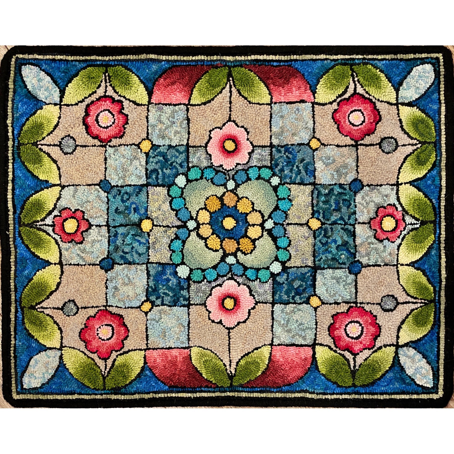 Cottage Garden Stained Glass, rug hooked by Mary O'Donnell