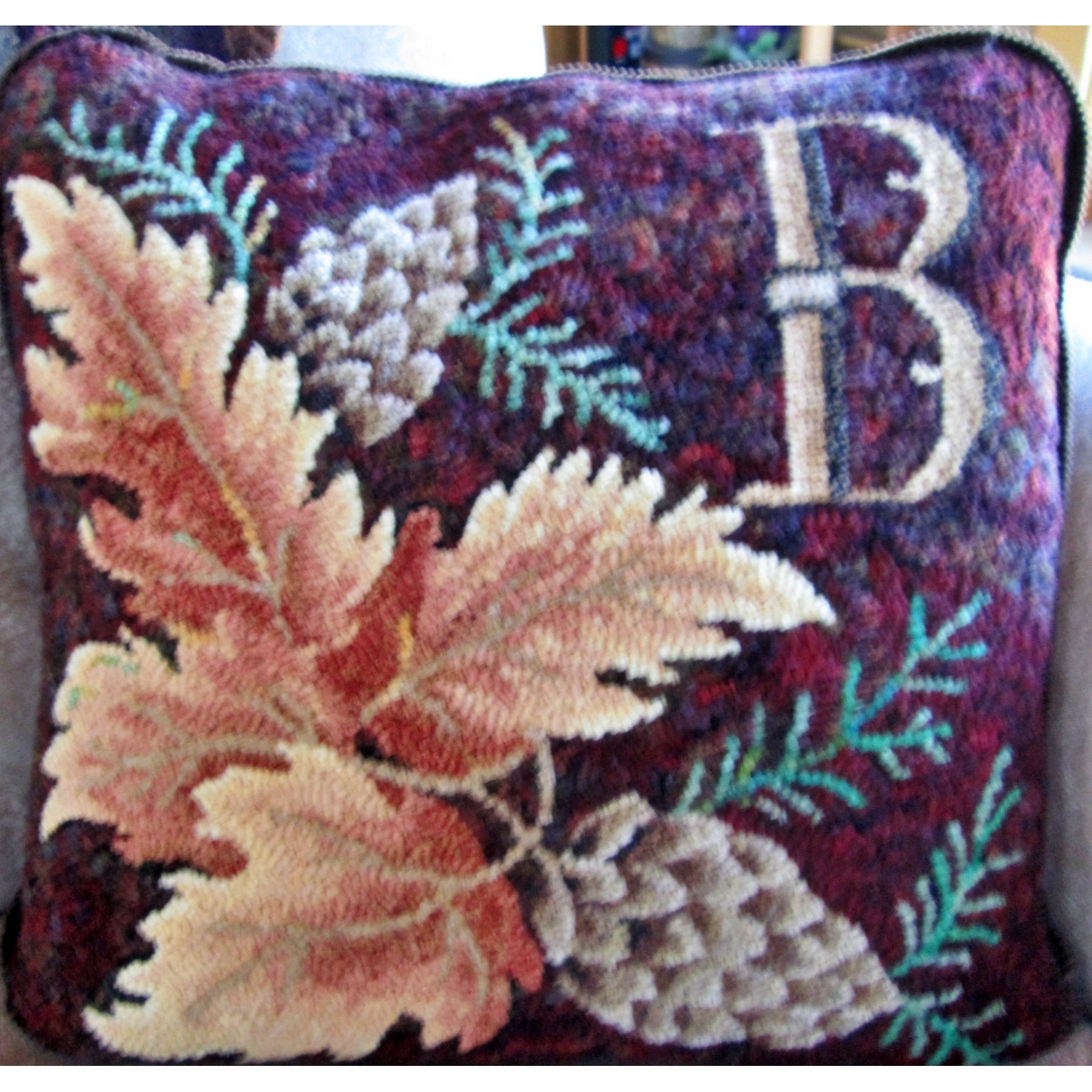 Leaves from The Rustic Wreath, rug hooked by Connie Bradley