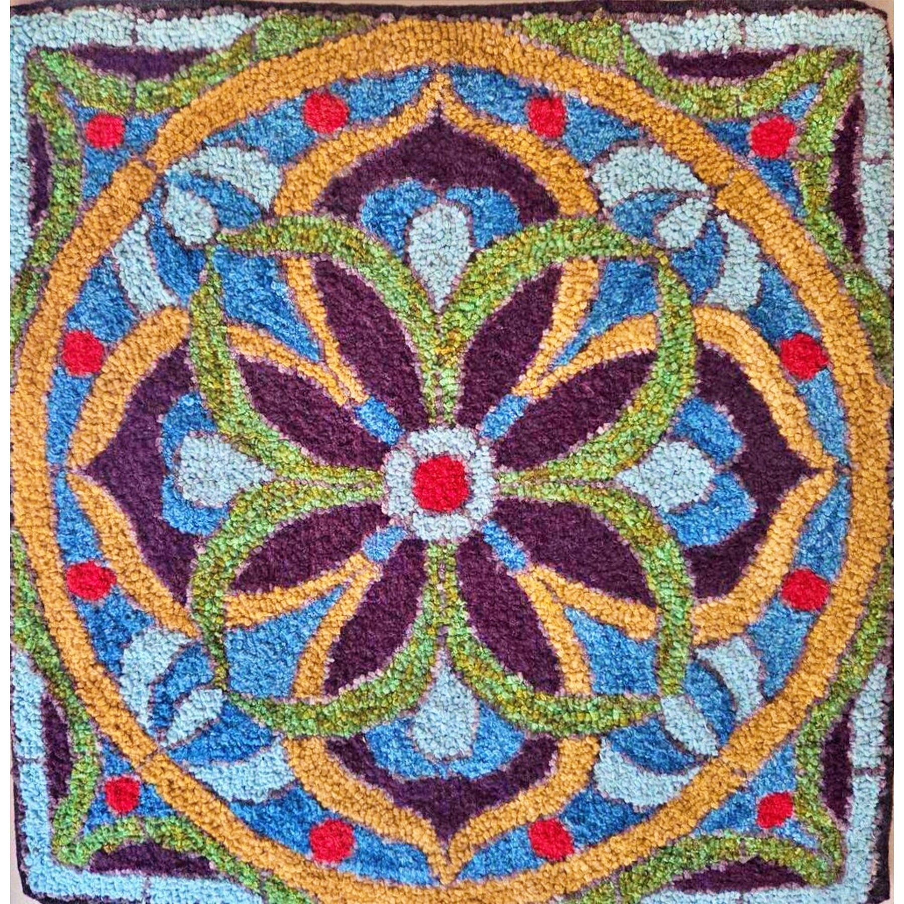 Stained Glass Mosaic, rug hooked by Kathie Yancey