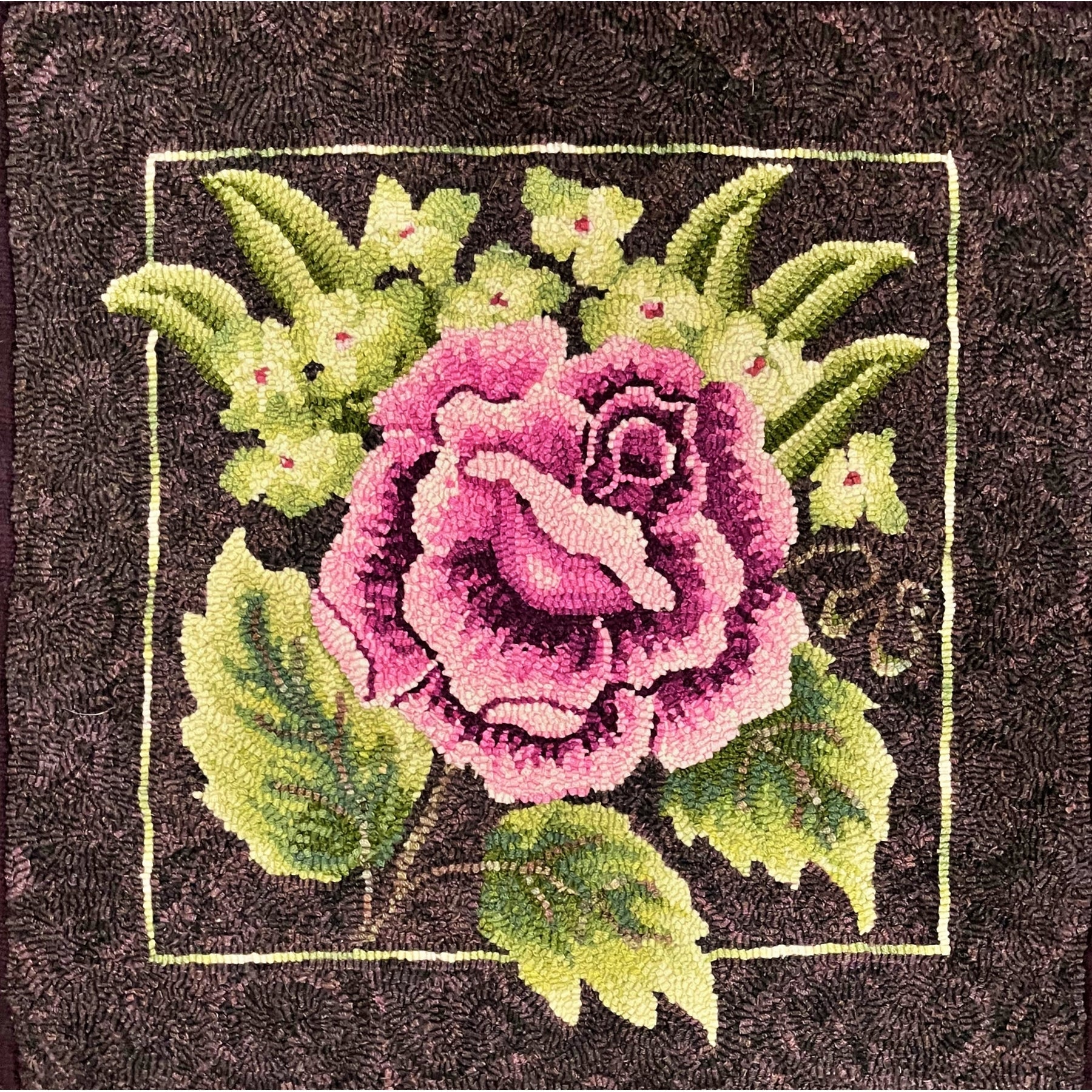 Rapture – Rose and Hydrangea, rug hooked by Norita Blue