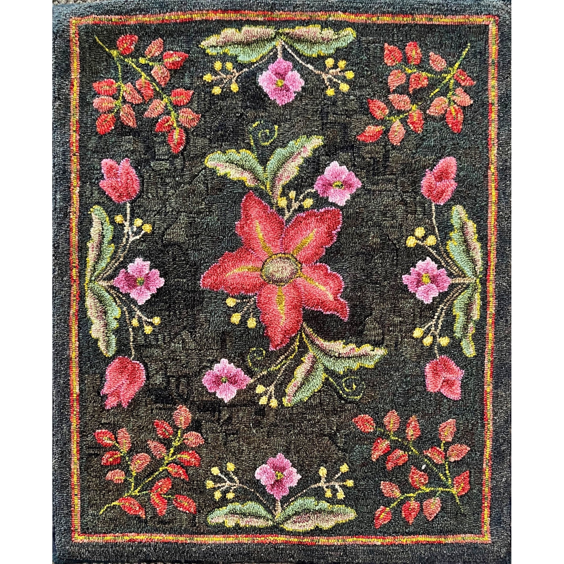 Crewel - Queen Anne Footstool Pattern, rug hooked by Jane McGown Flynn