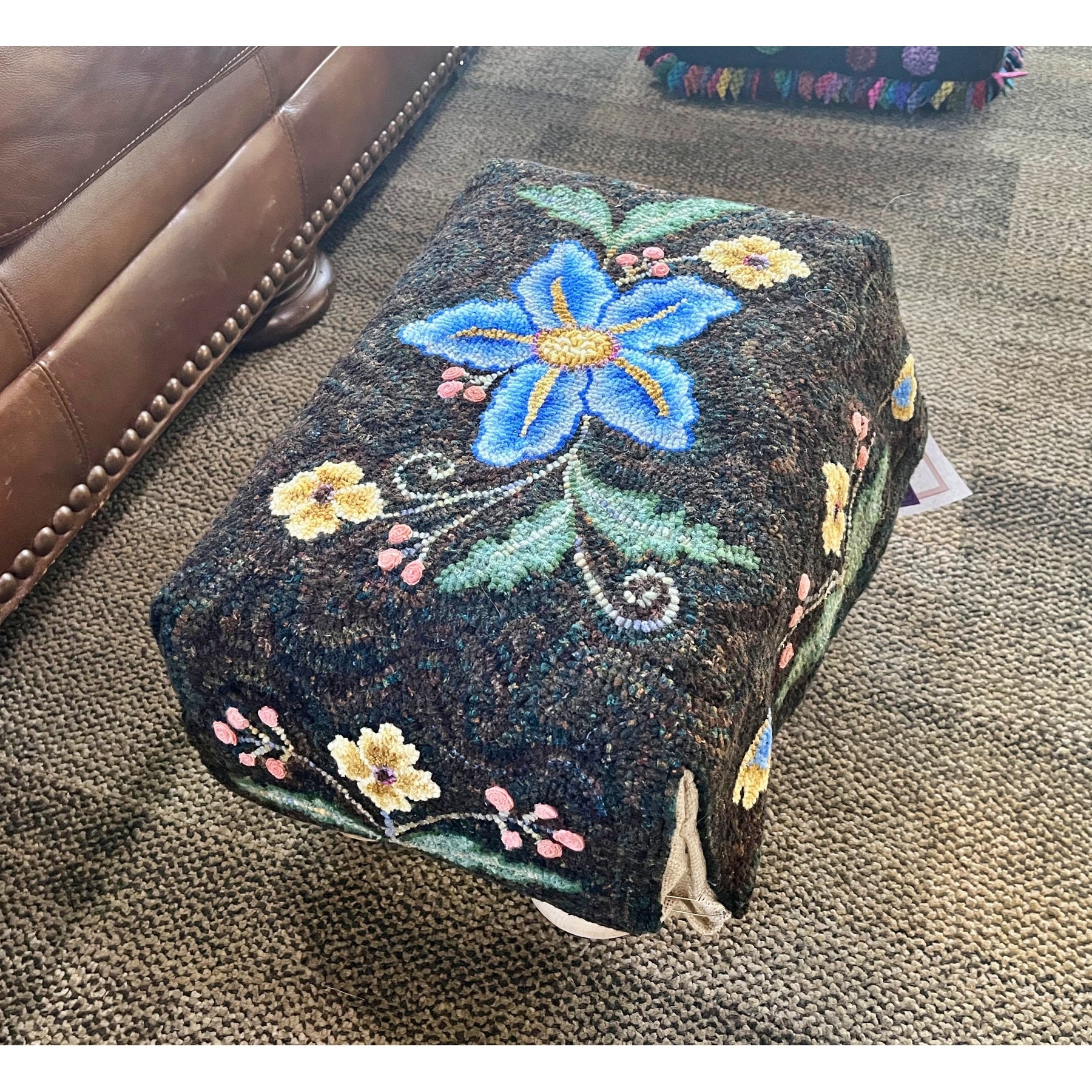 Crewel - Queen Anne Footstool Pattern, rug hooked by Julie Reilly