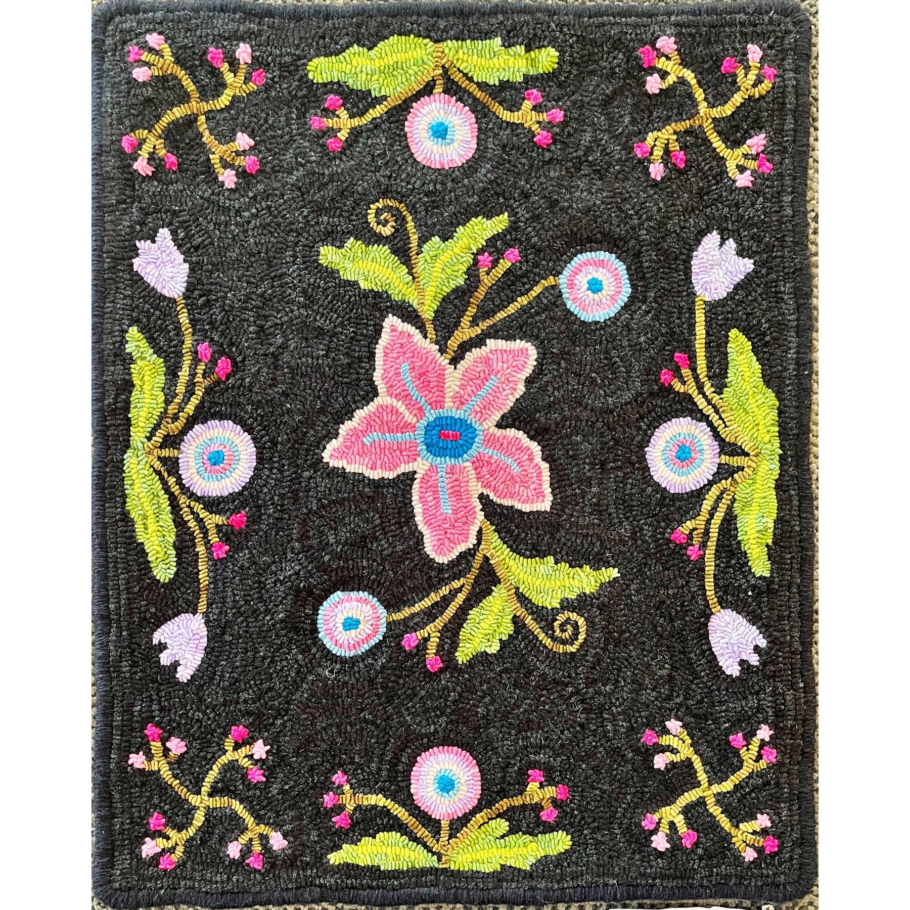 Crewel - Queen Anne Footstool Pattern, rug hooked by Rebecca Cook