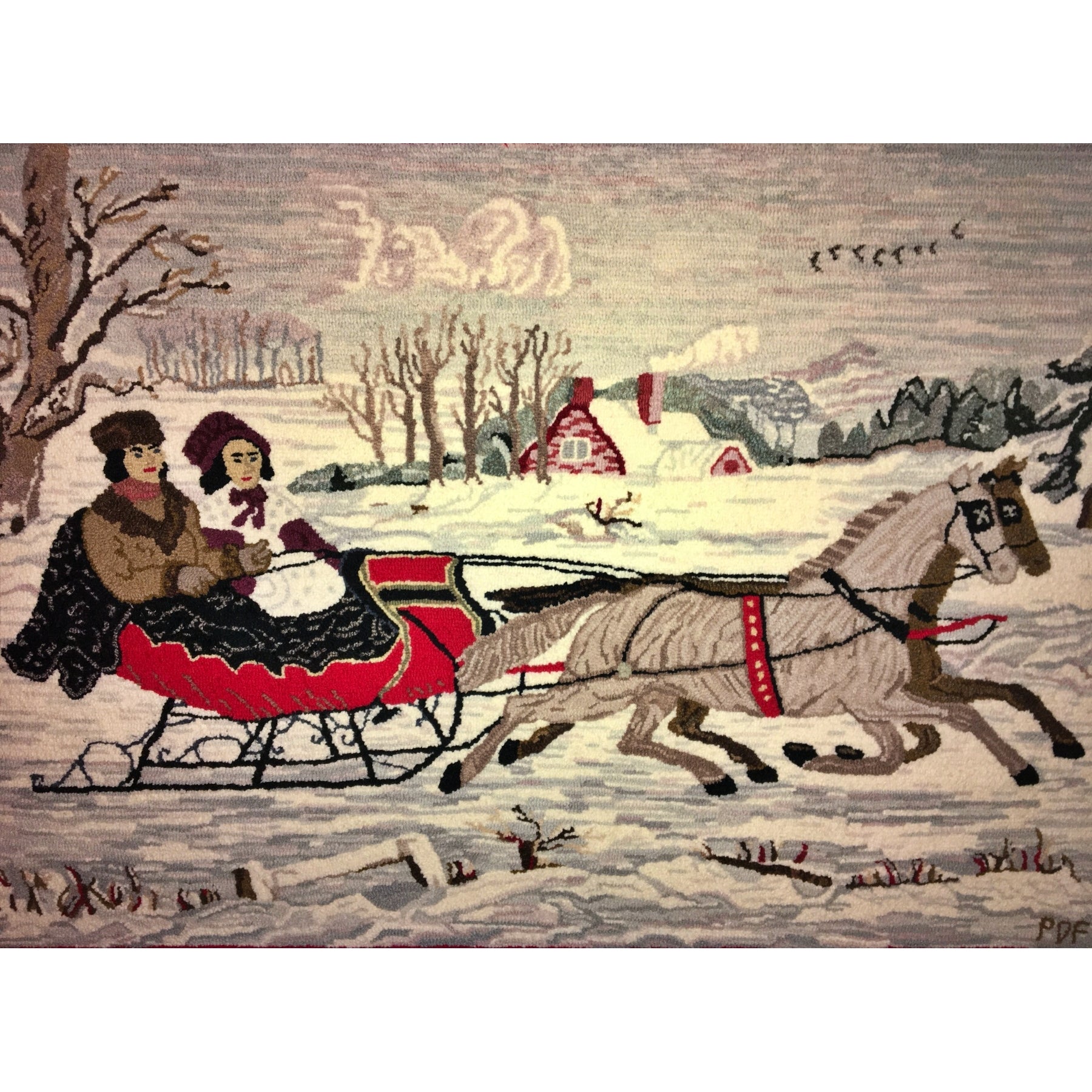 Dashing Through The Snow, rug hooked by Paula Defeyter