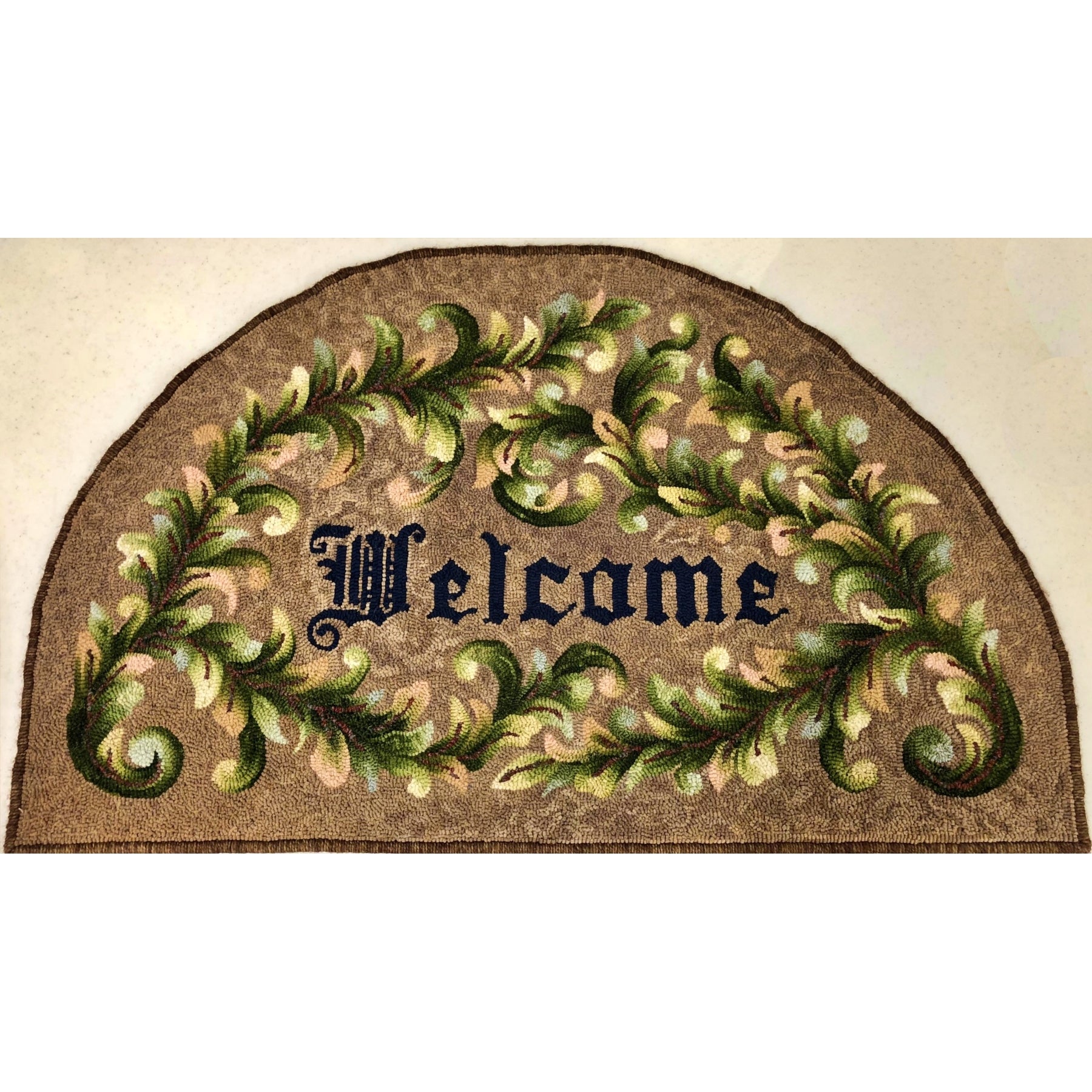 Scroll Welcome, rug hooked by Claudia Lampley