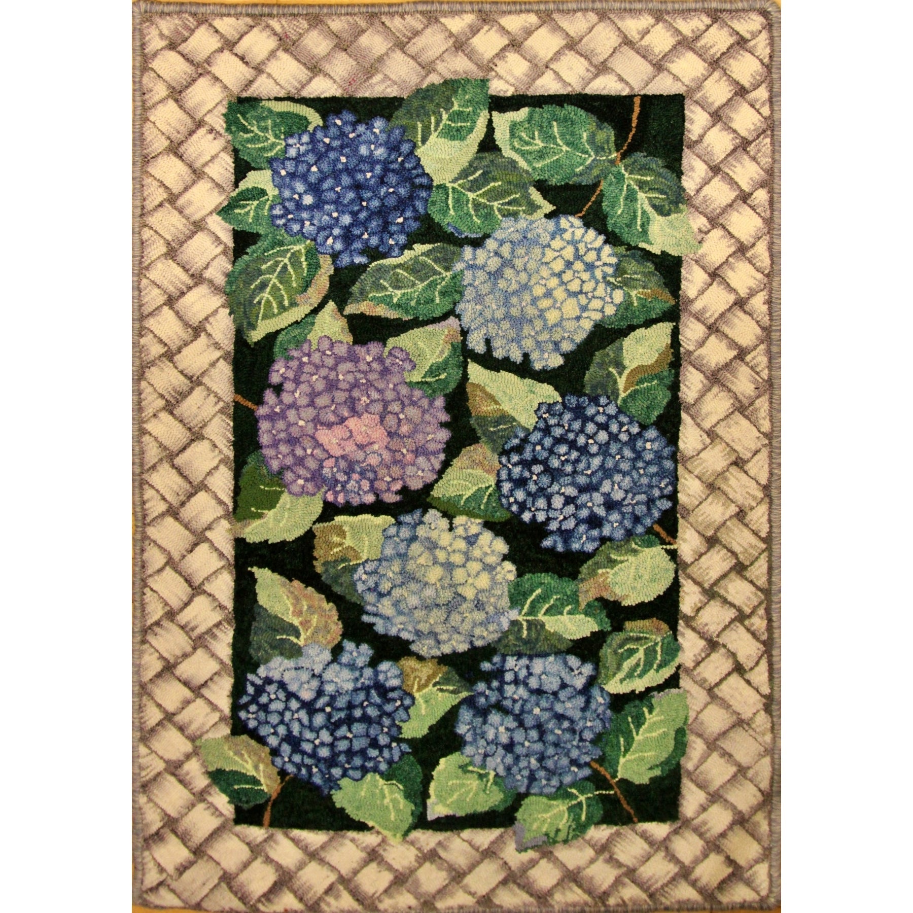 Hydrangeas, rug hooked by Janet Williams