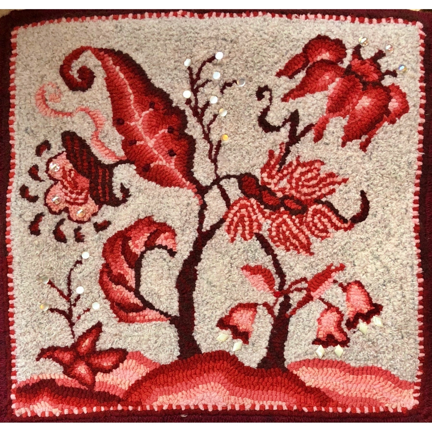 Izette Crewel, rug hooked by Melissa Pattacini