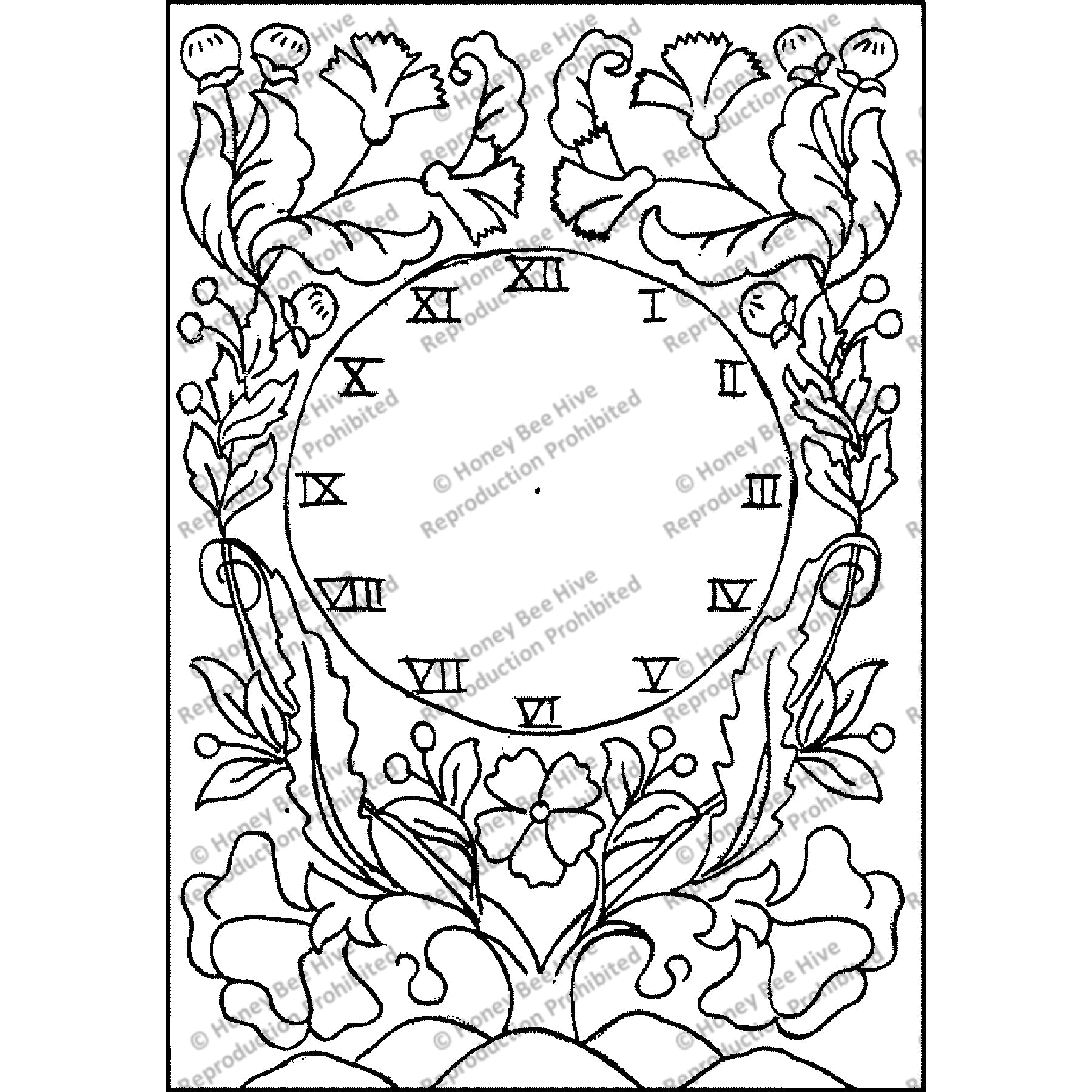 Crewel Clock, rug hooking pattern