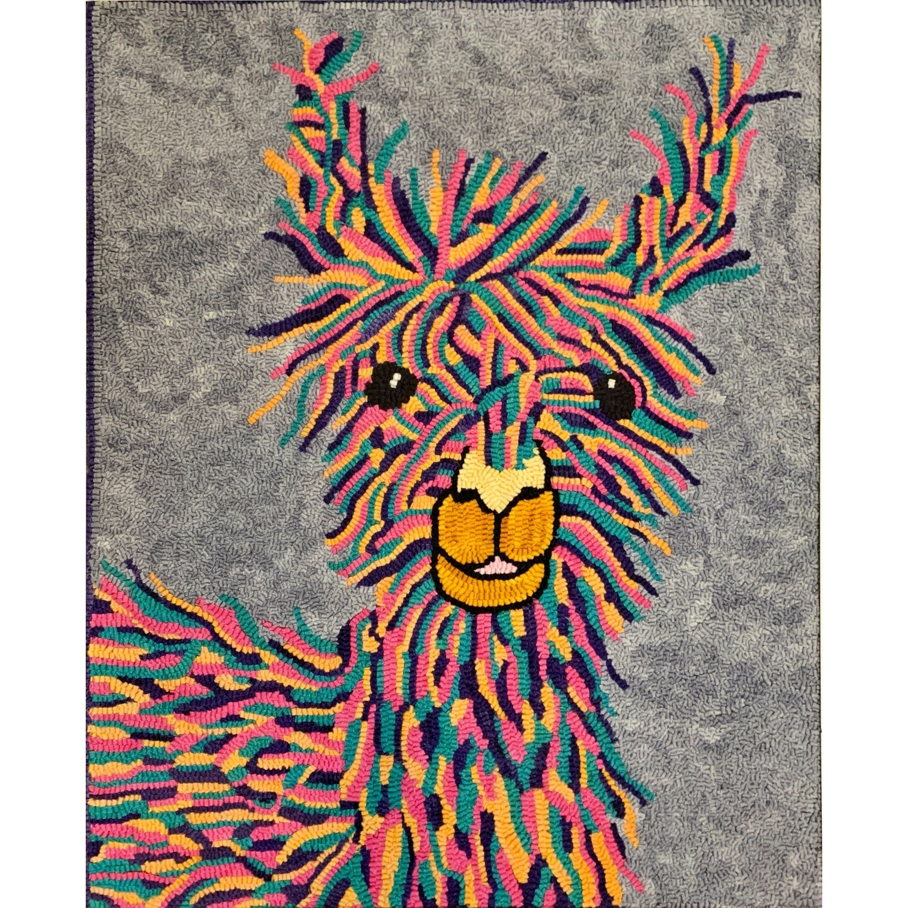 No Prob Llama, rug hooked by Kelly Parr