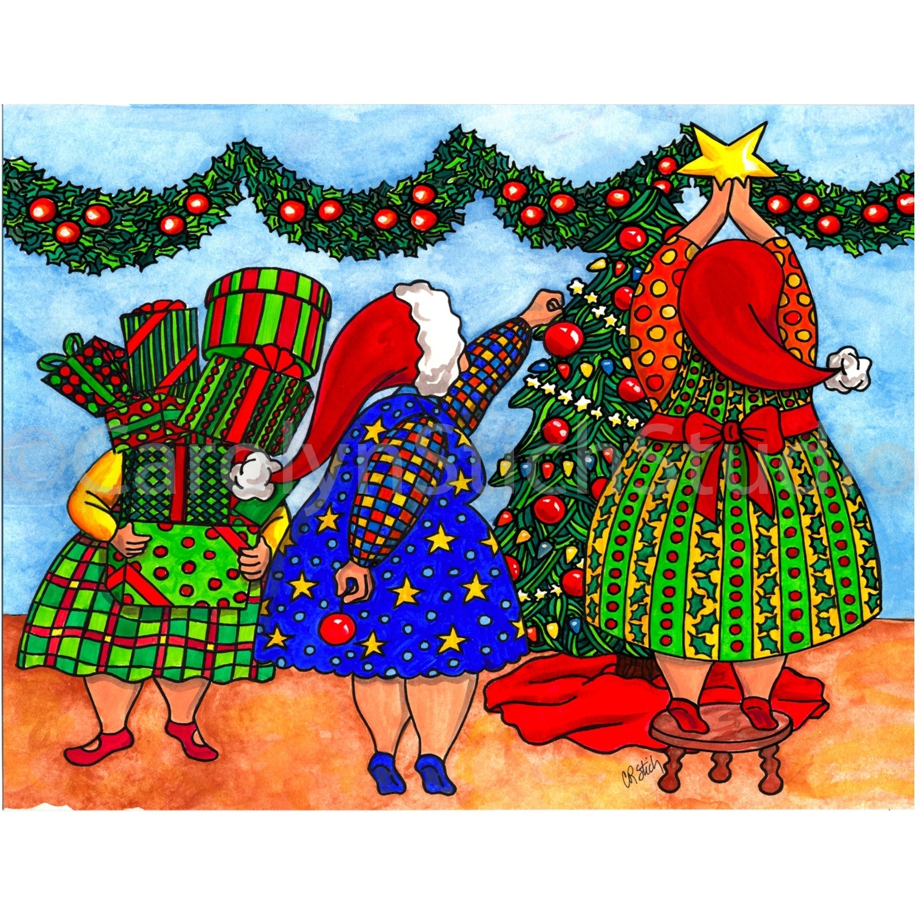 The Girls Wishing You Happy Holidays, rug hooking pattern