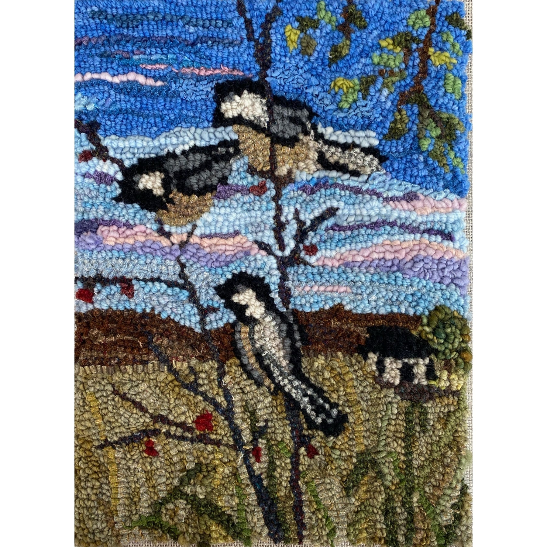 Chickadees, rug hooked by Lisa Wilson