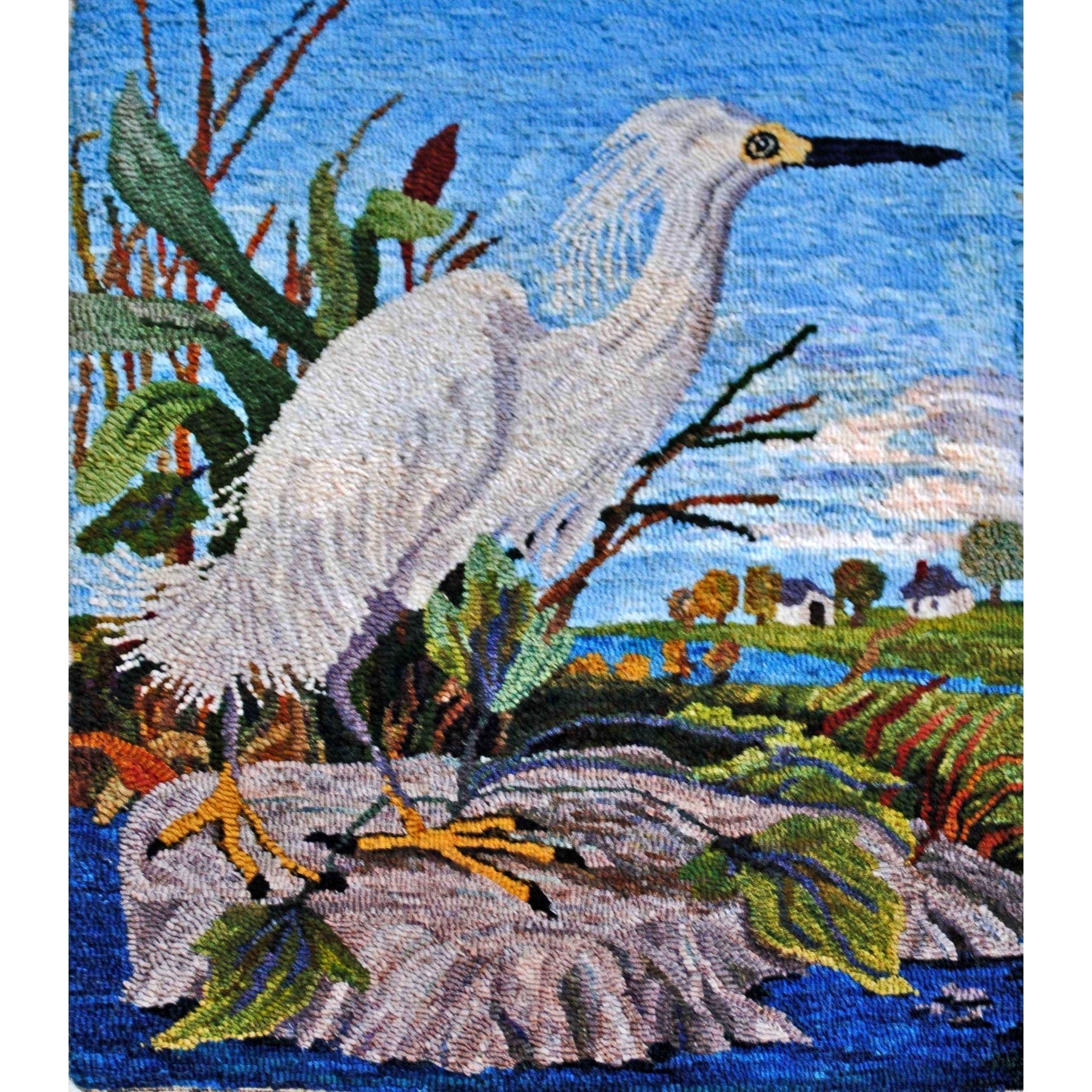 Snowy Egret, rug hooked by Suzanne Sandvik